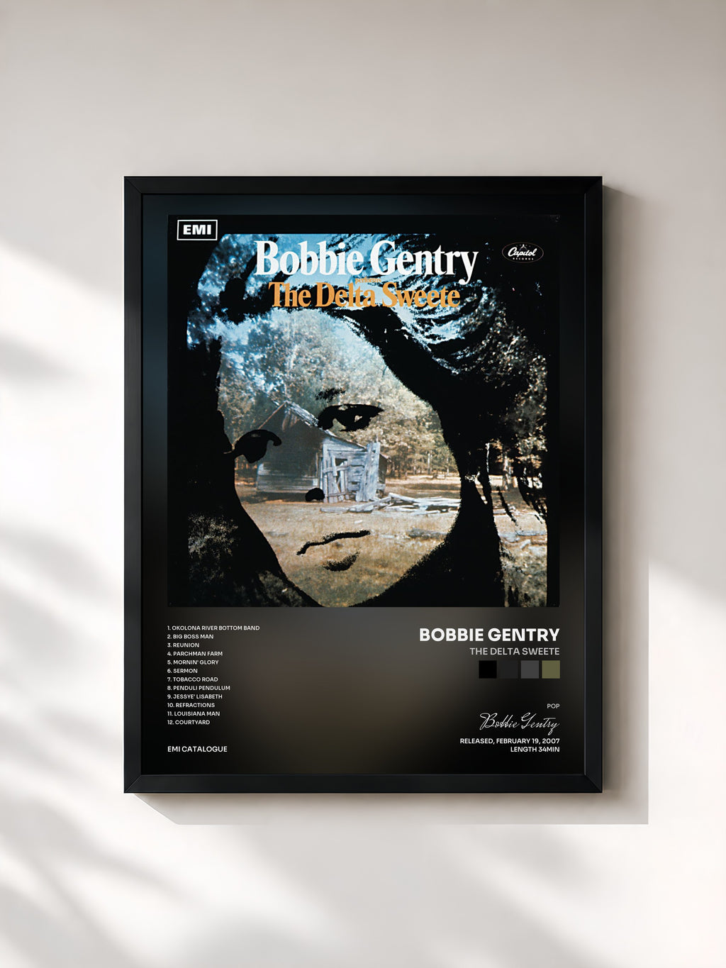 #noir Tableau de l'album The Delta Sweete de Bobbie Gentry, cadre noir, imprimé et encadré en France