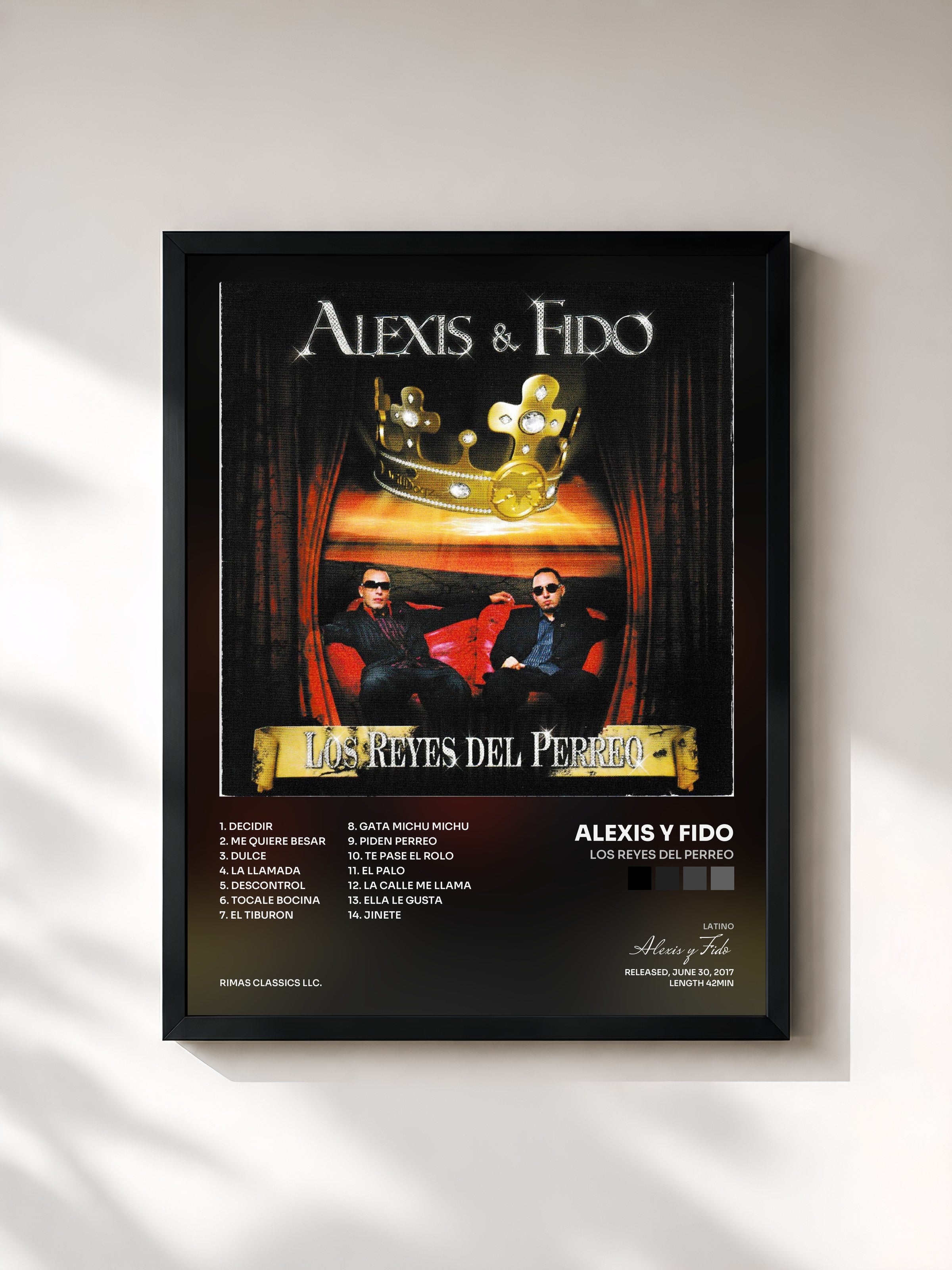 #noir Tableau de l'album Los Reyes del Perreo de Alexis y Fido, cadre noir, imprimé et encadré en France