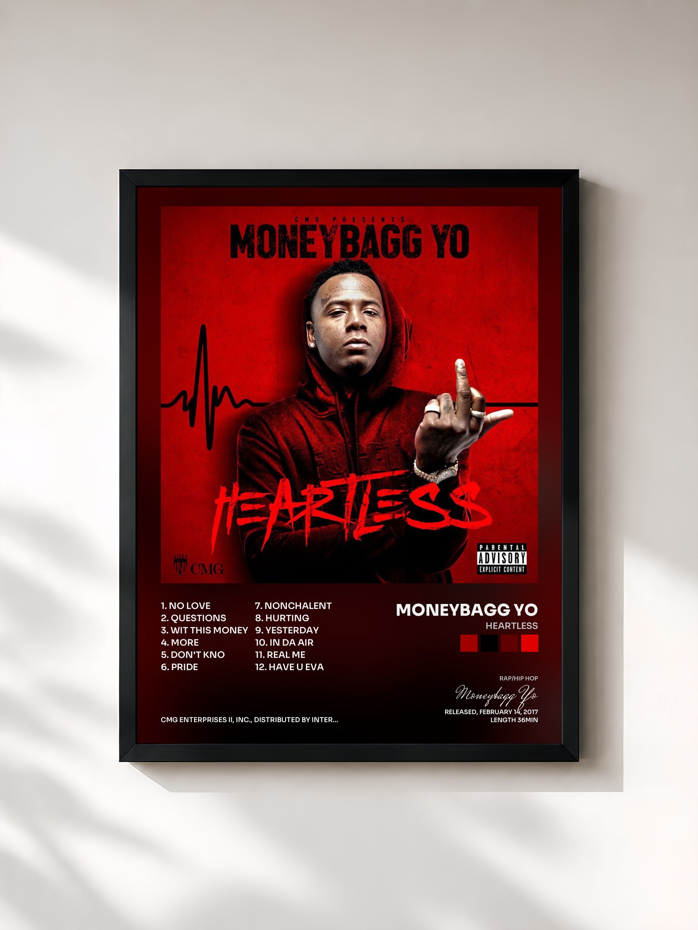#noir Tableau de l'album Heartless de Moneybagg Yo, cadre noir, imprimé et encadré en France