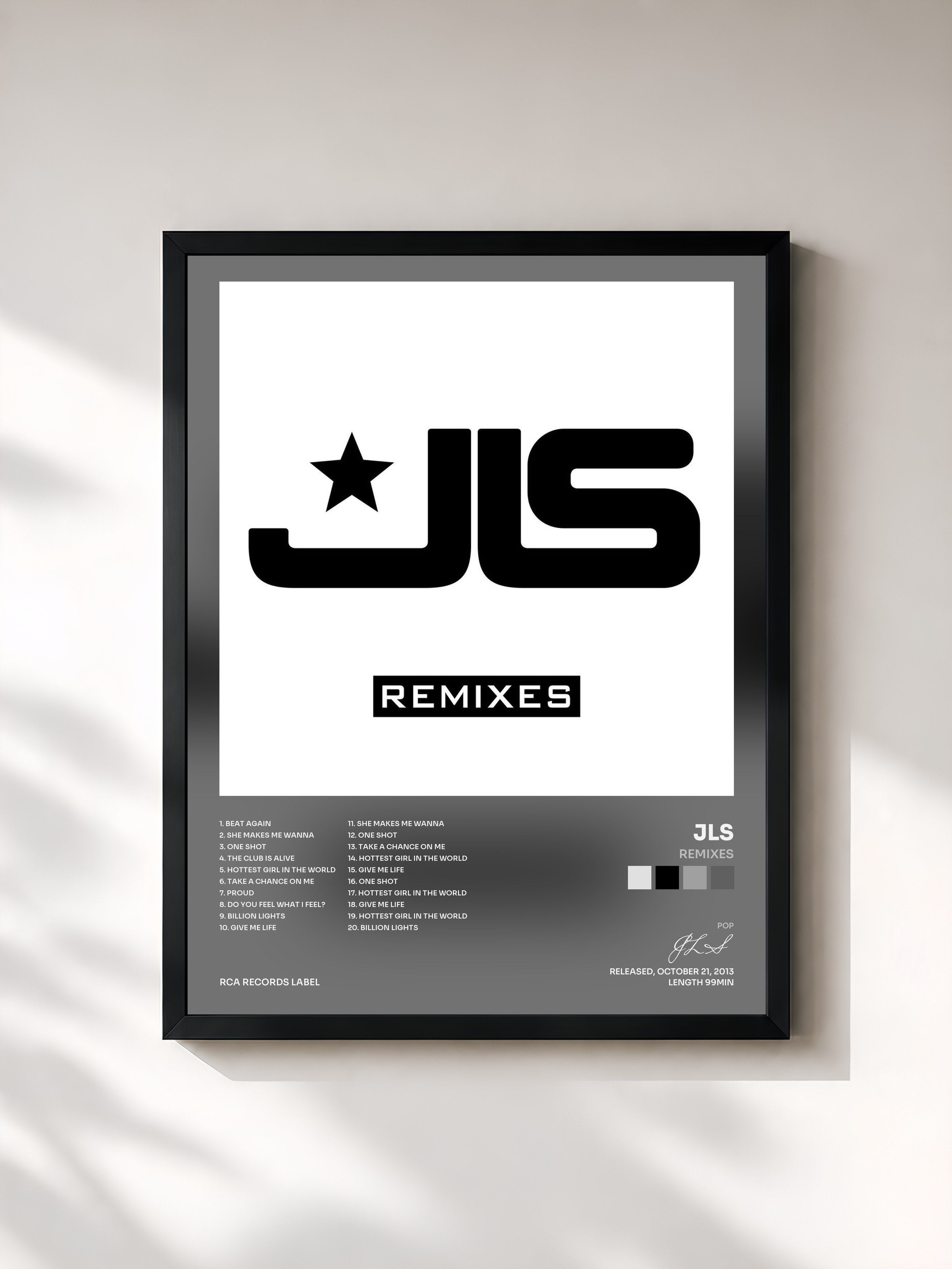 #noir Tableau de l'album Remixes de JLS, cadre noir, imprimé et encadré en France