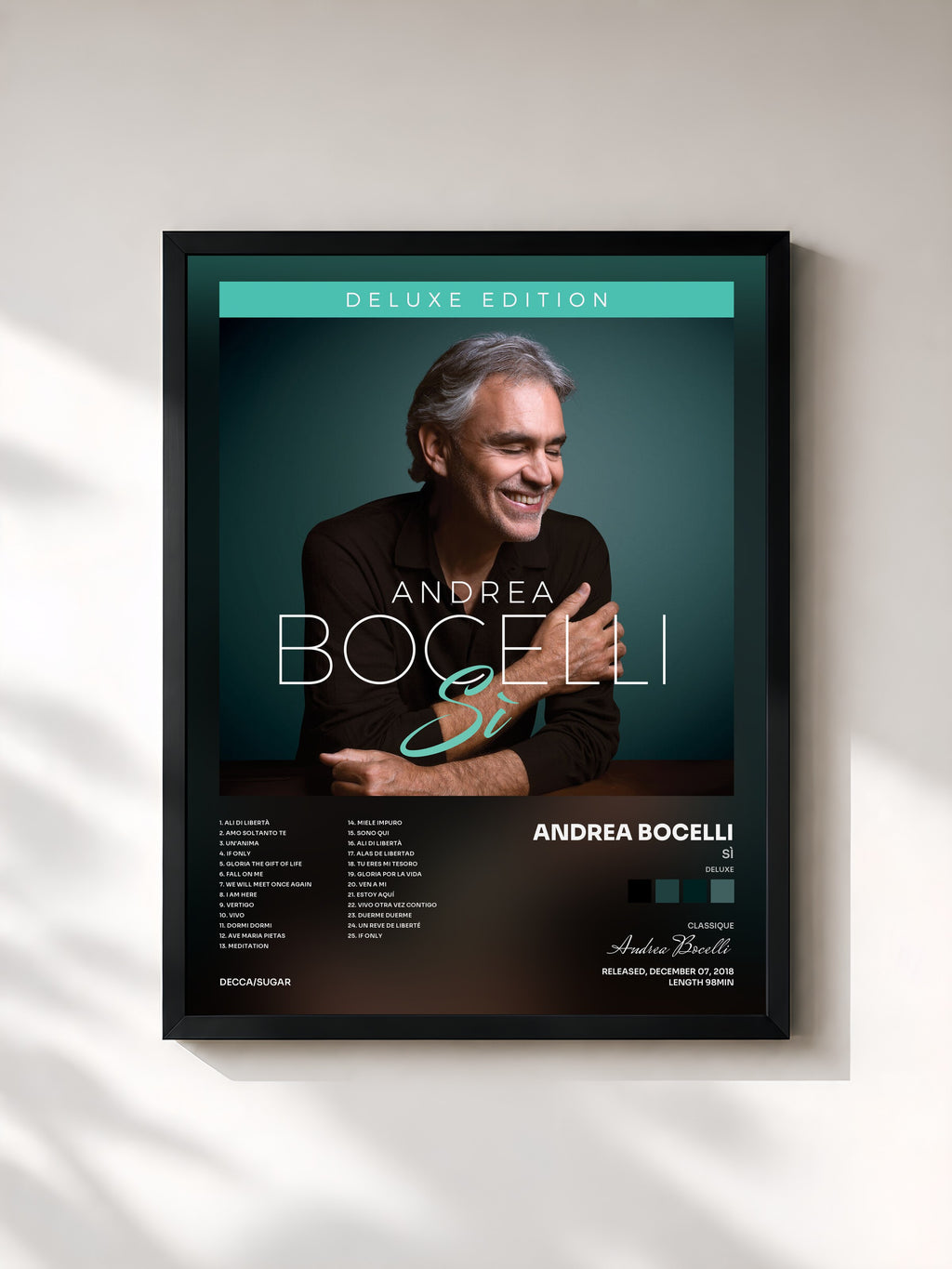 #noir Tableau de l'album Sì (Deluxe) de Andrea Bocelli, cadre noir, imprimé et encadré en France