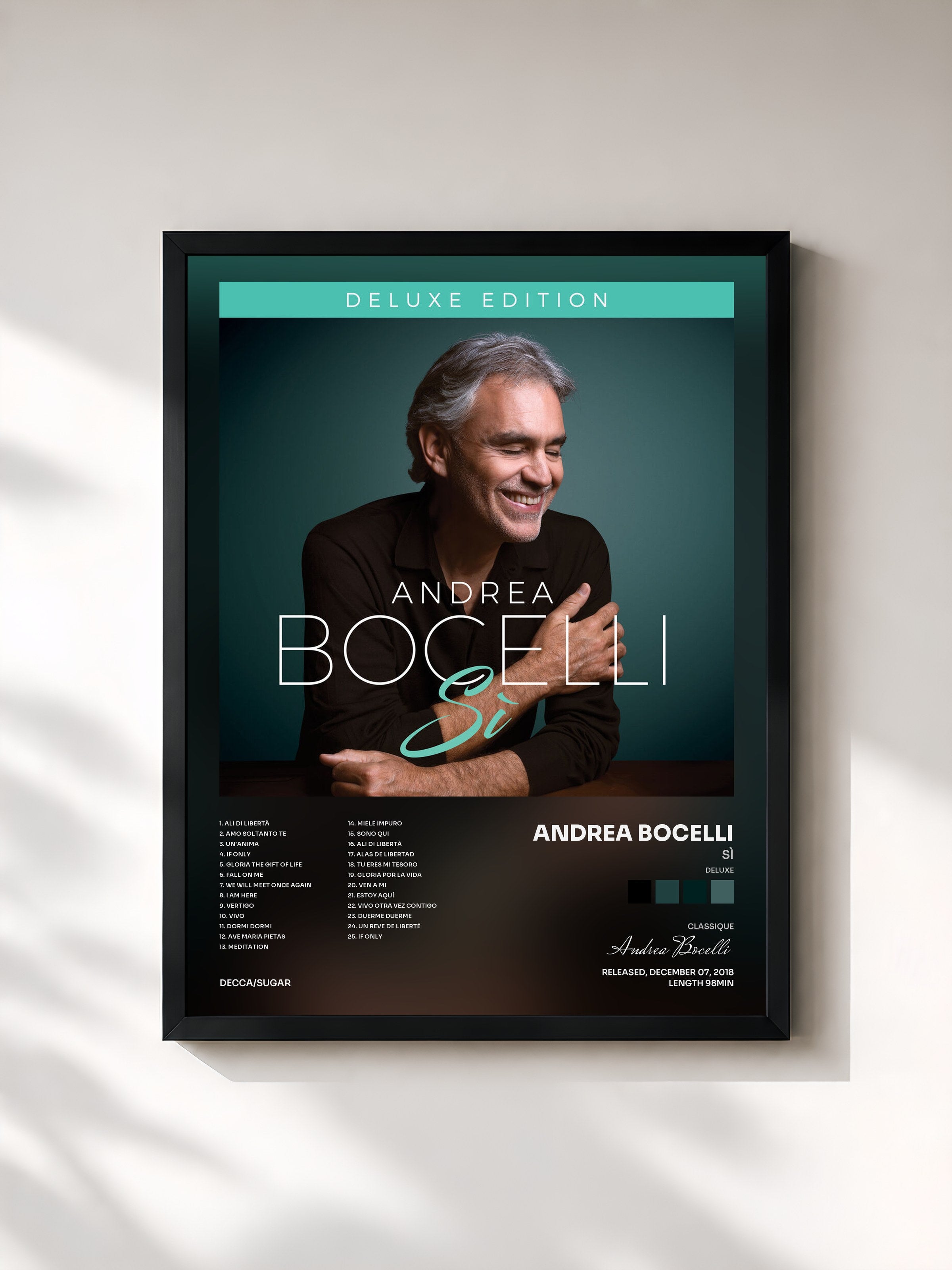 #noir Tableau de l'album Sì (Deluxe) de Andrea Bocelli, cadre noir, imprimé et encadré en France
