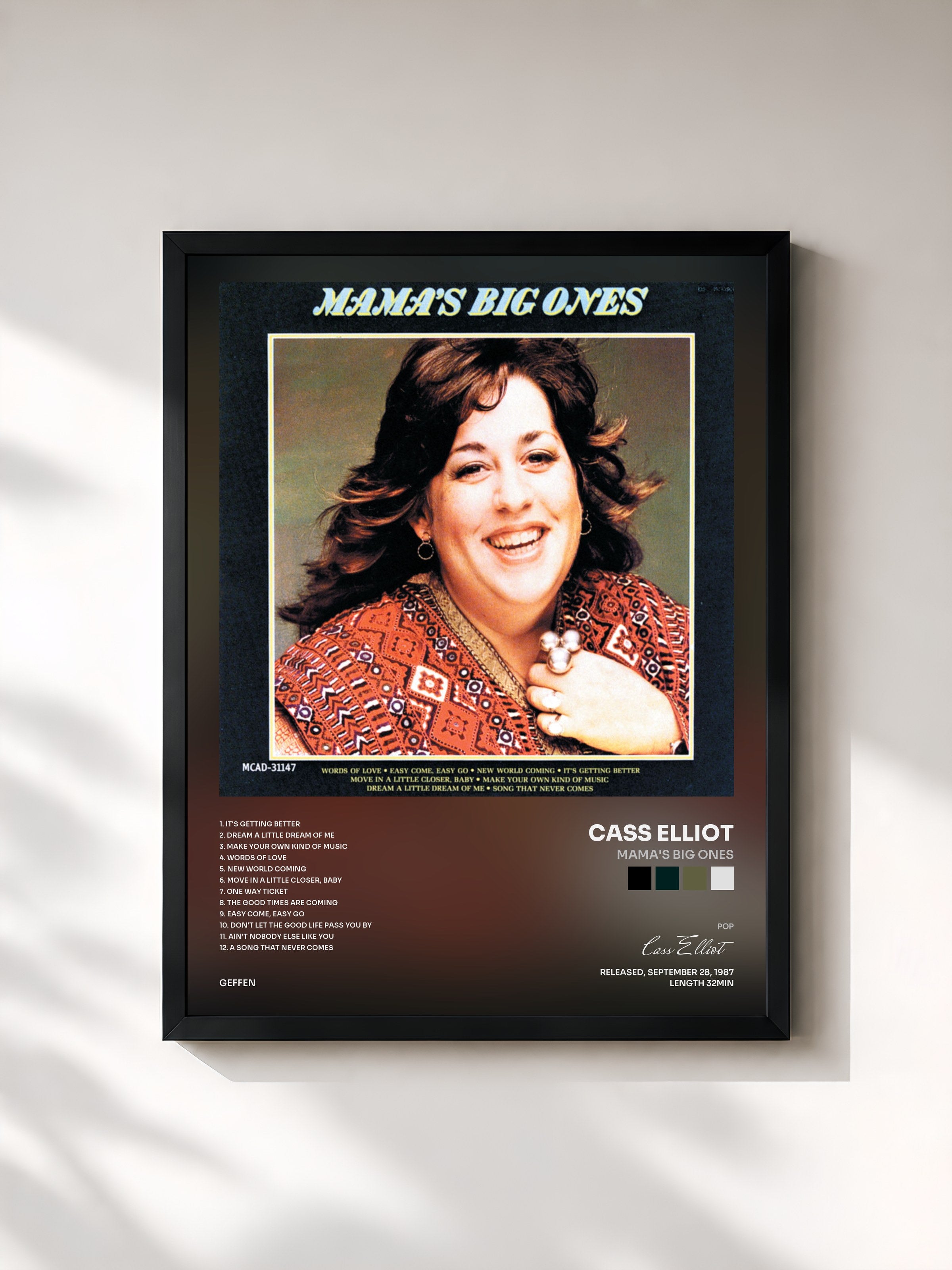 #noir Tableau de l'album Mama's Big Ones de Cass Elliot, cadre noir, imprimé et encadré en France