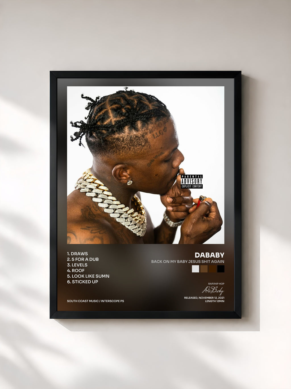 #noir Tableau de l'album Back On My Baby Jesus Sh!t AGAIN de DaBaby, cadre noir, imprimé et encadré en France