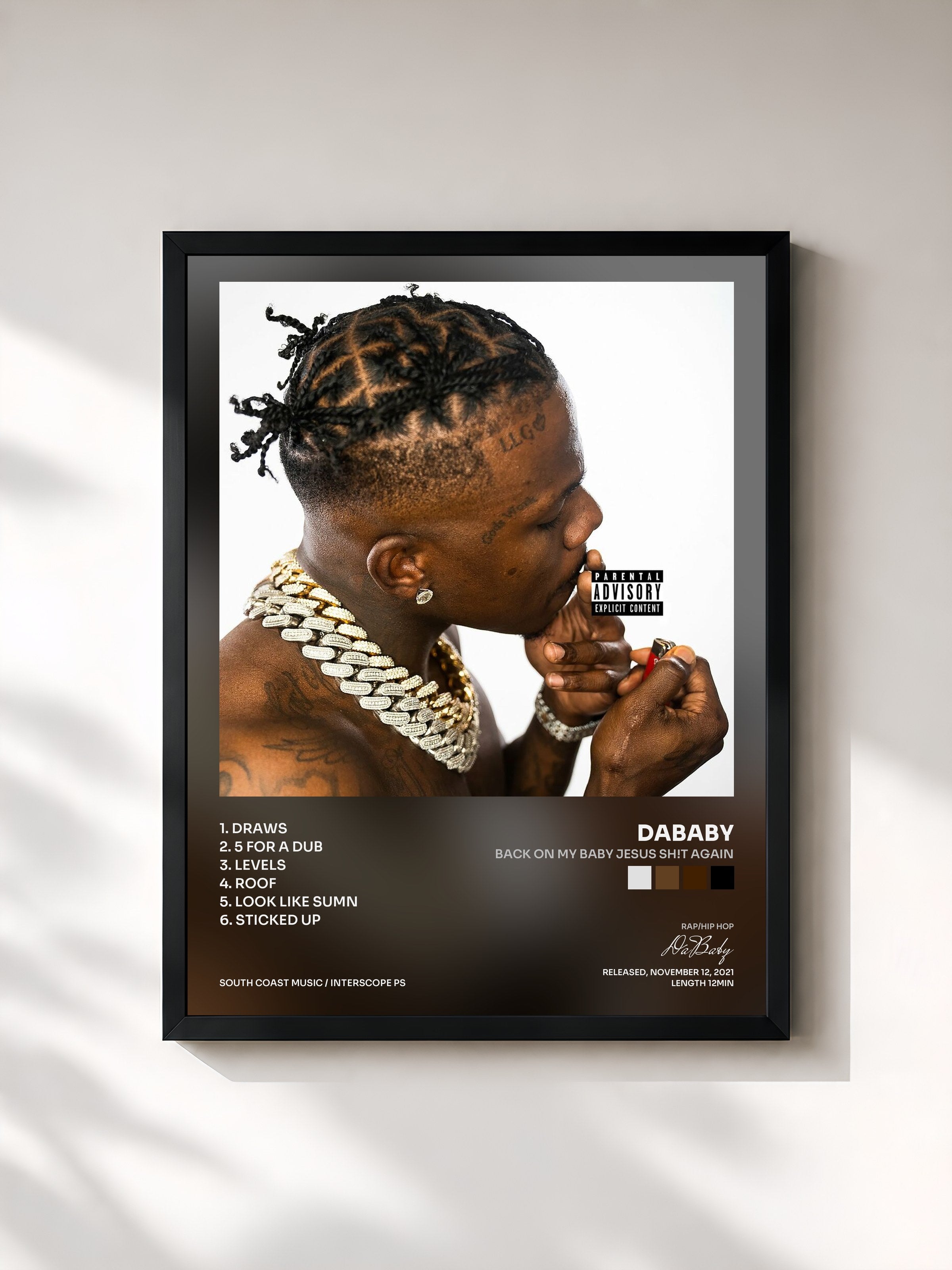 #noir Tableau de l'album Back On My Baby Jesus Sh!t AGAIN de DaBaby, cadre noir, imprimé et encadré en France