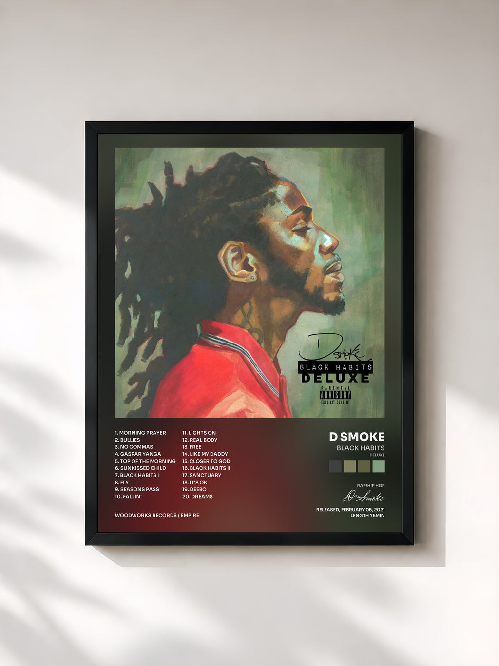 #noir Tableau de l'album Black Habits (Deluxe) de D Smoke, cadre noir, imprimé et encadré en France