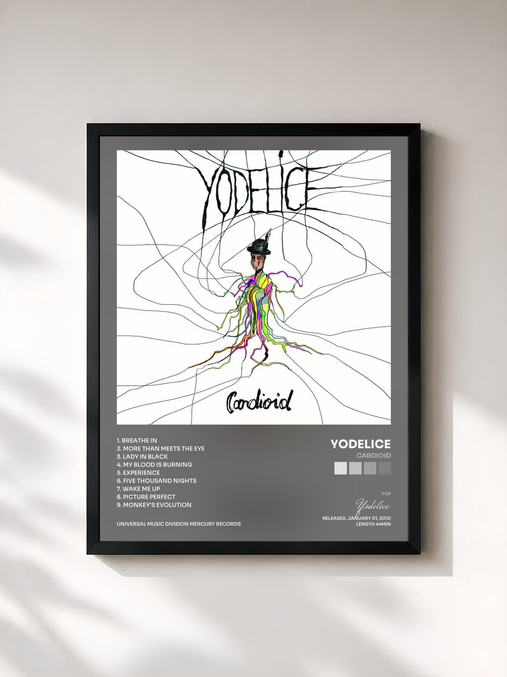 #noir Tableau de l'album Cardioid de Yodelice, cadre noir, imprimé et encadré en France