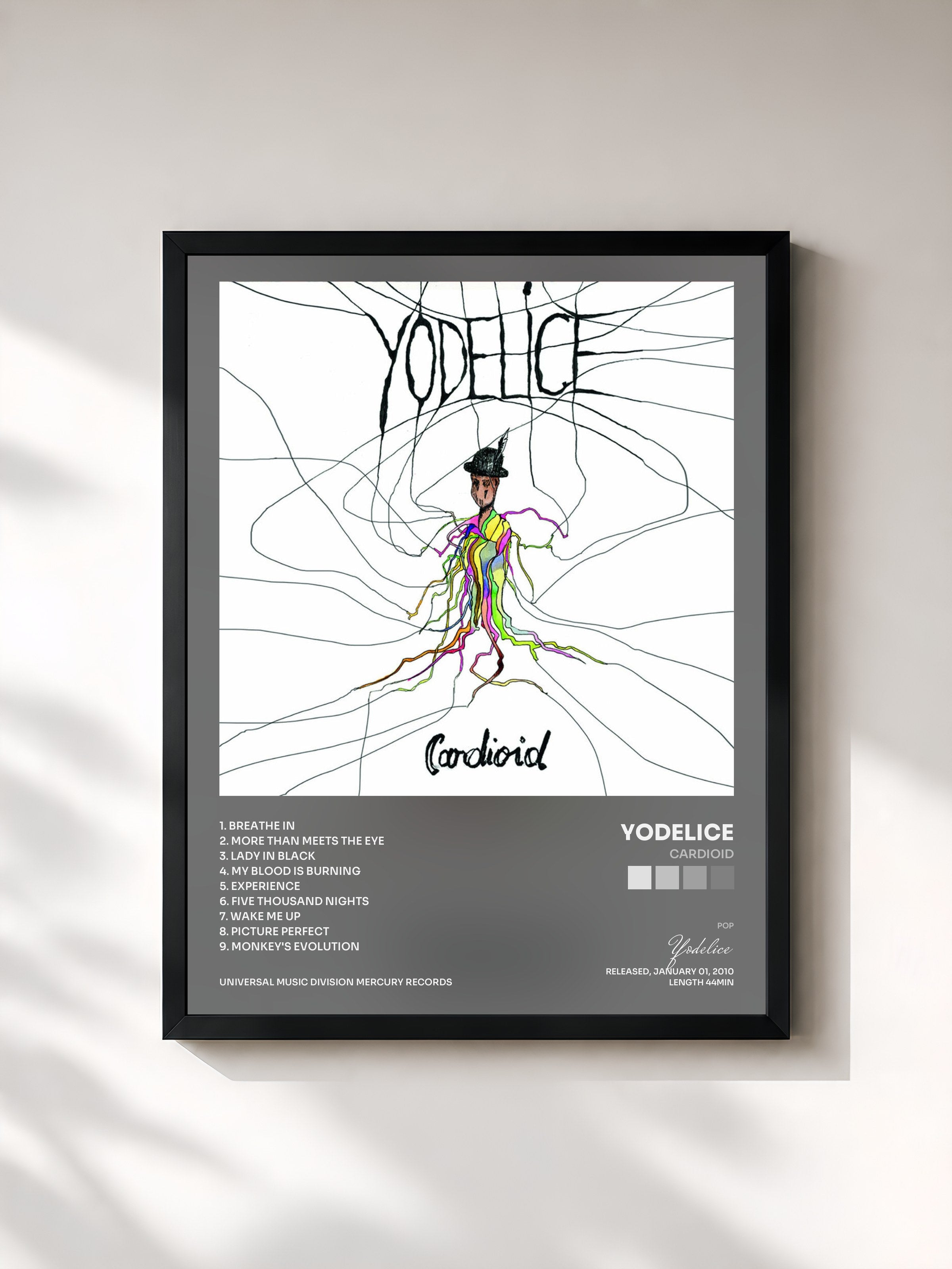 #noir Tableau de l'album Cardioid de Yodelice, cadre noir, imprimé et encadré en France