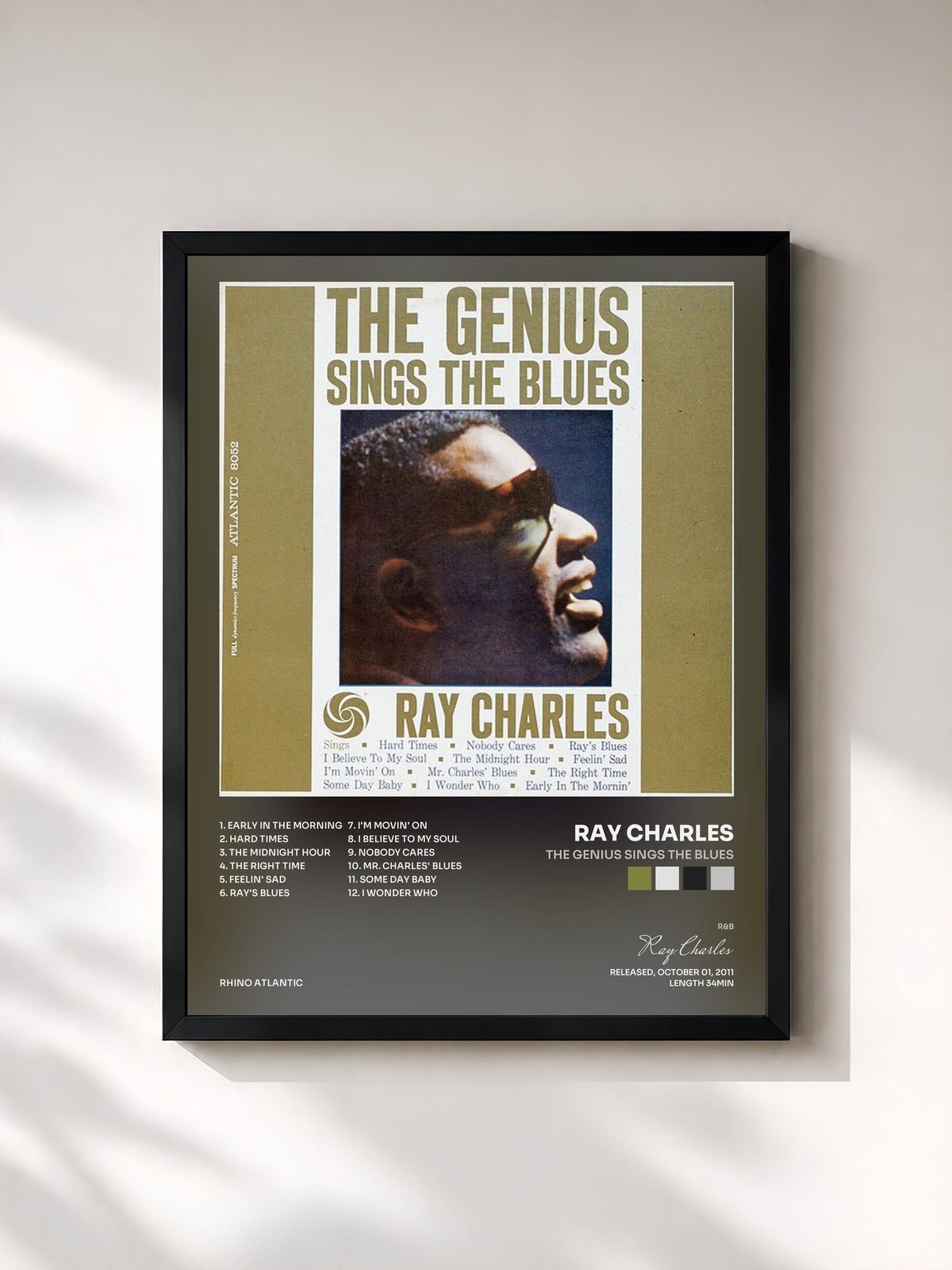 #noir Tableau de l'album The Genius Sings the Blues de Ray Charles, cadre noir, imprimé et encadré en France