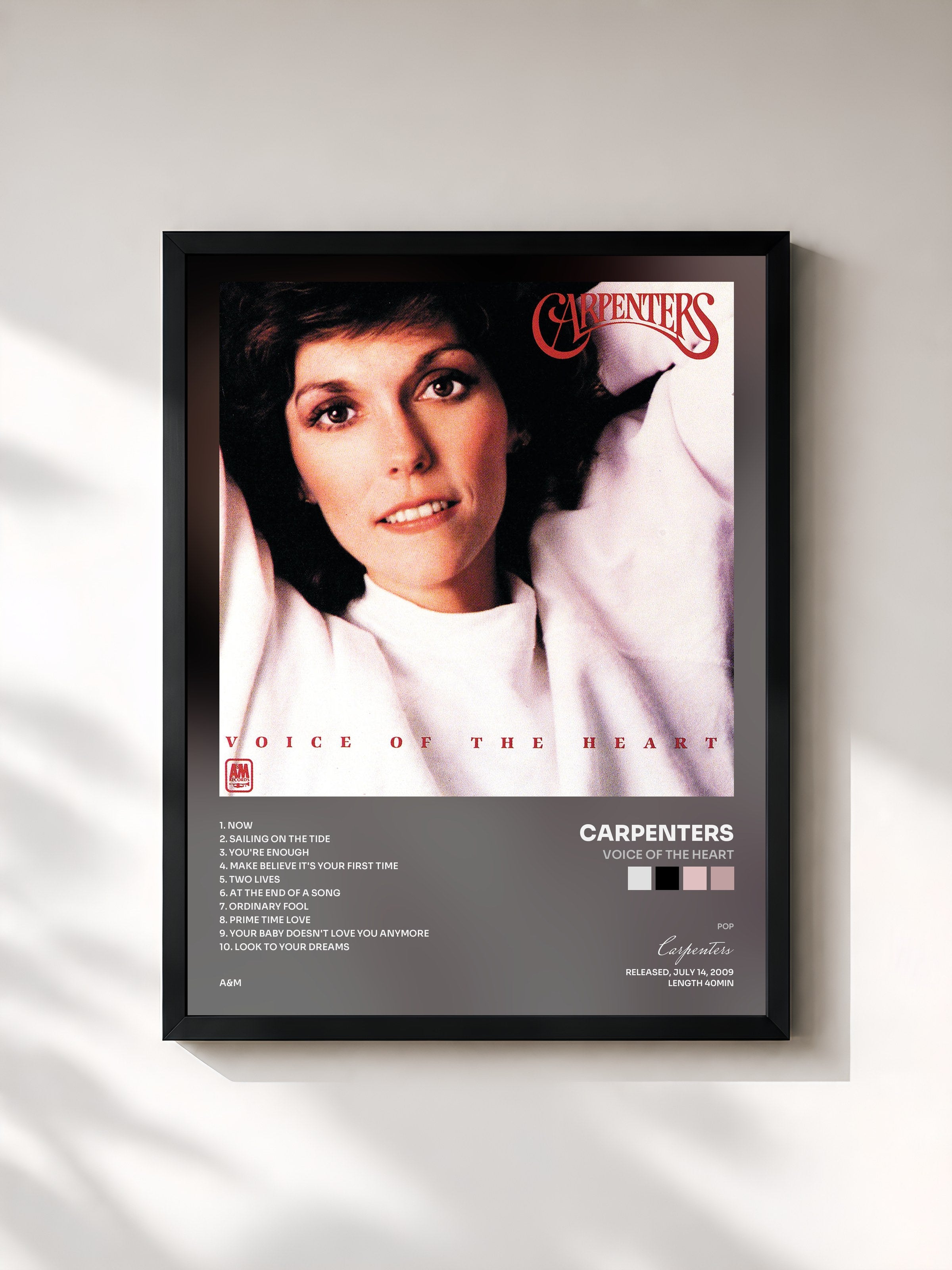 #noir Tableau de l'album Voice Of The Heart de Carpenters, cadre noir, imprimé et encadré en France