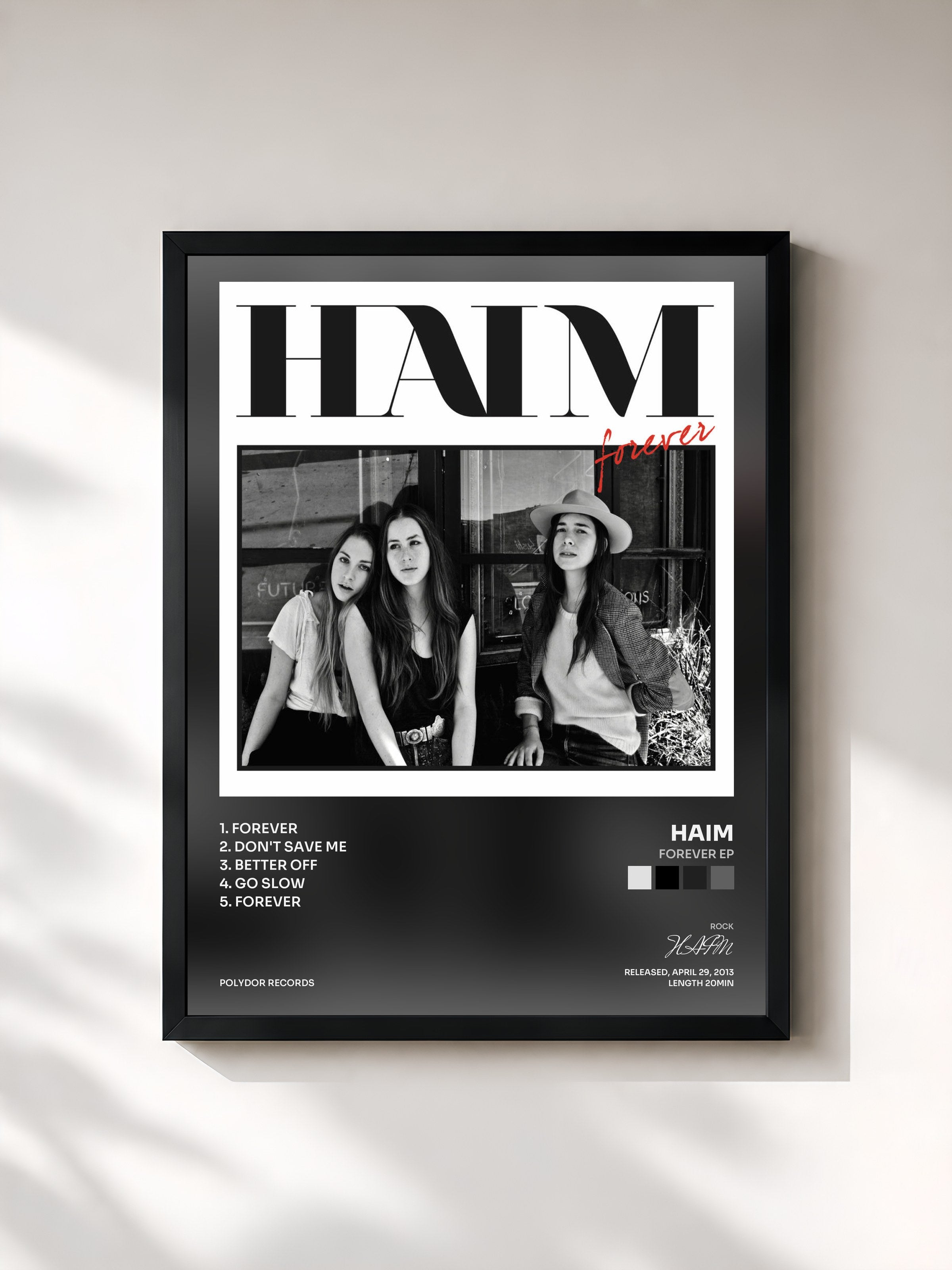 #noir Tableau de l'album Forever EP de HAIM, cadre noir, imprimé et encadré en France