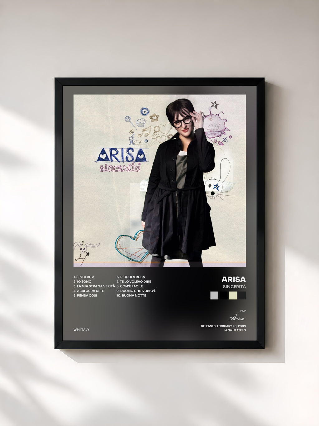 #noir Tableau de l'album Sincerità de Arisa, cadre noir, imprimé et encadré en France