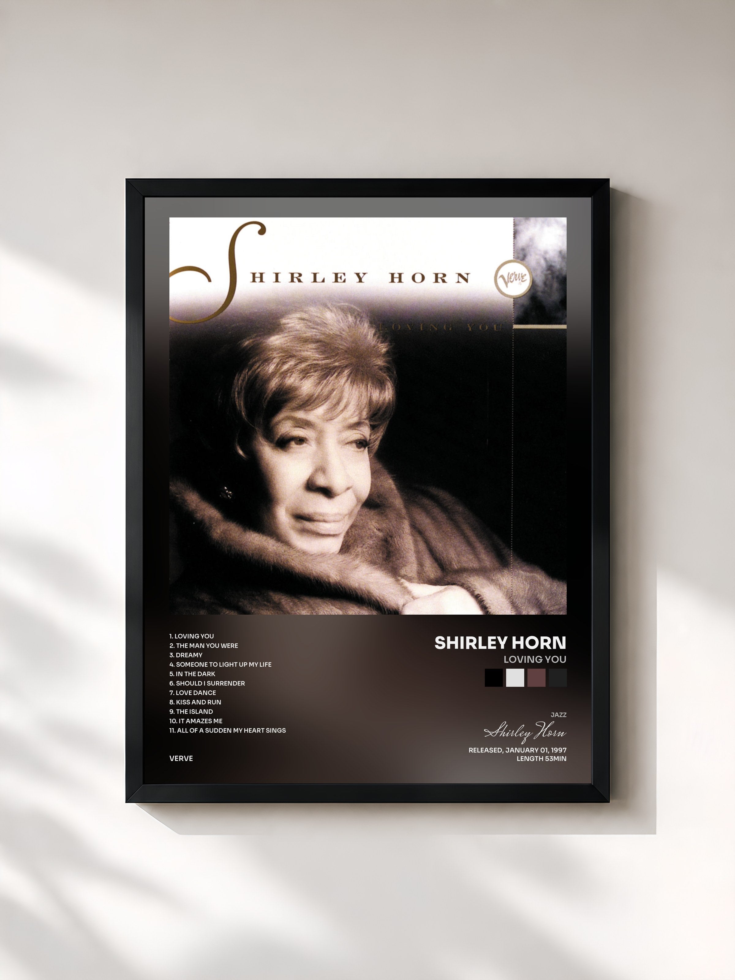 #noir Tableau de l'album Loving You de Shirley Horn, cadre noir, imprimé et encadré en France