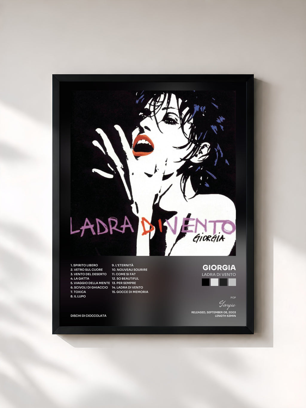 #noir Tableau de l'album Ladra Di Vento de Giorgia, cadre noir, imprimé et encadré en France