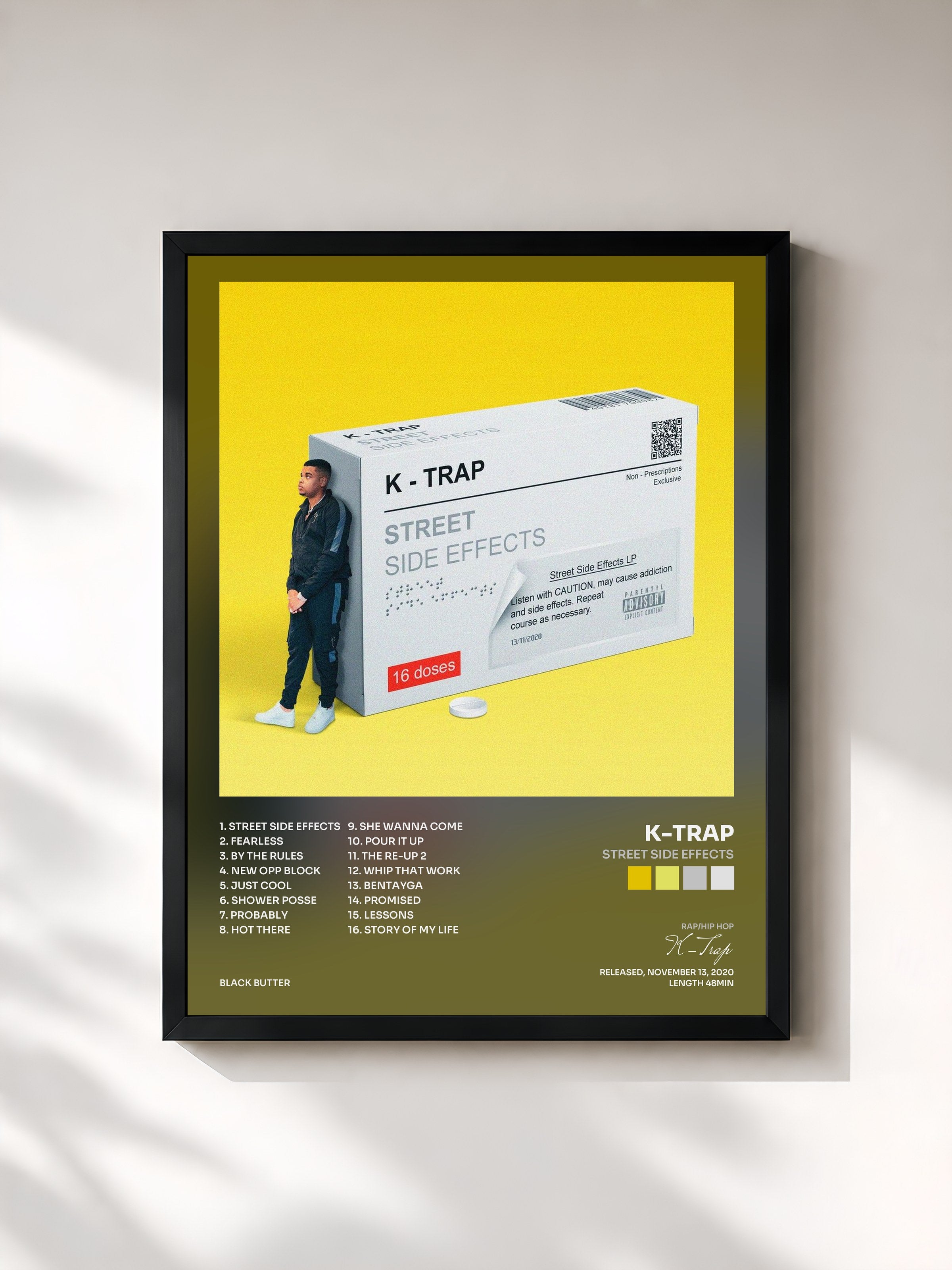 #noir Tableau de l'album Street Side Effects de K-Trap, cadre noir, imprimé et encadré en France