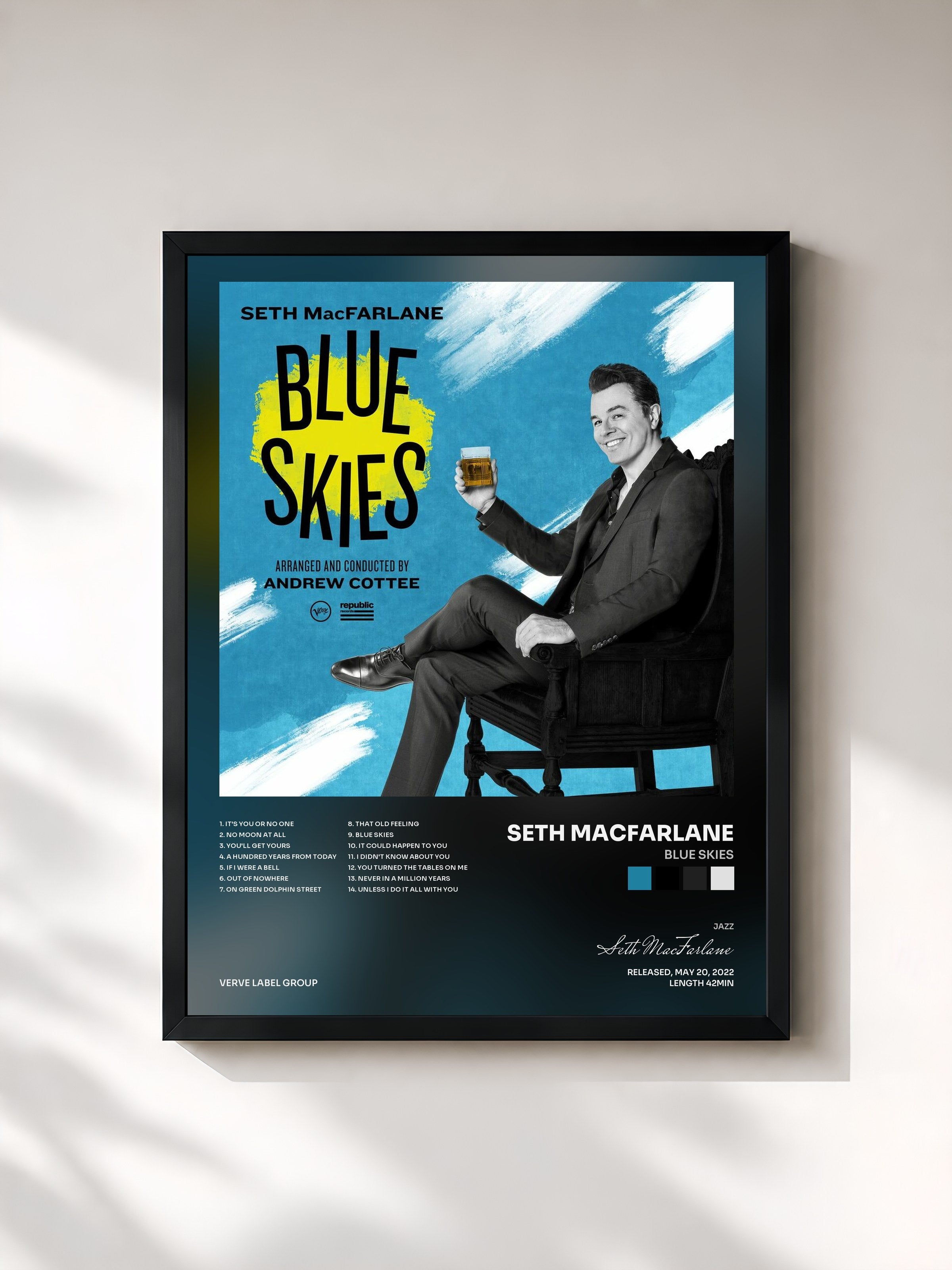 #noir Tableau de l'album Blue Skies de Seth MacFarlane, cadre noir, imprimé et encadré en France