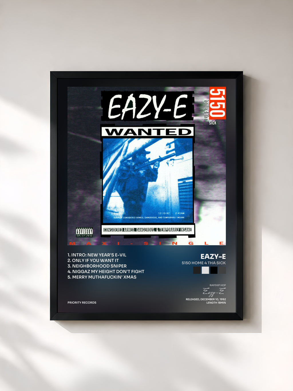 #noir Tableau de l'album 5150 Home 4 Tha Sick de Eazy-E, cadre noir, imprimé et encadré en France