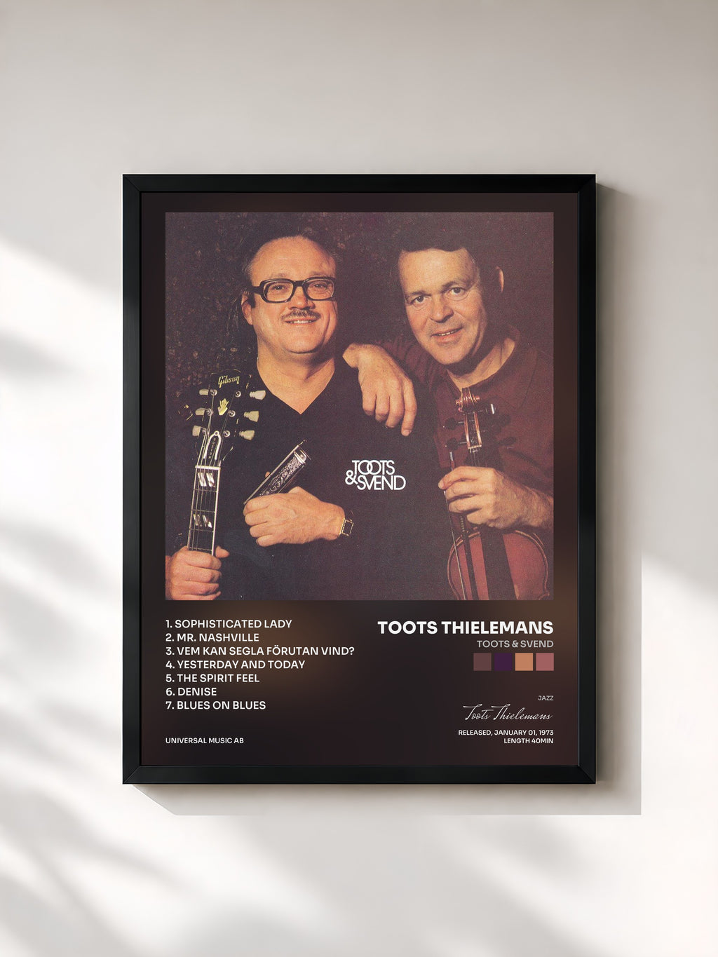 #noir Tableau de l'album Toots & Svend de Toots Thielemans, cadre noir, imprimé et encadré en France