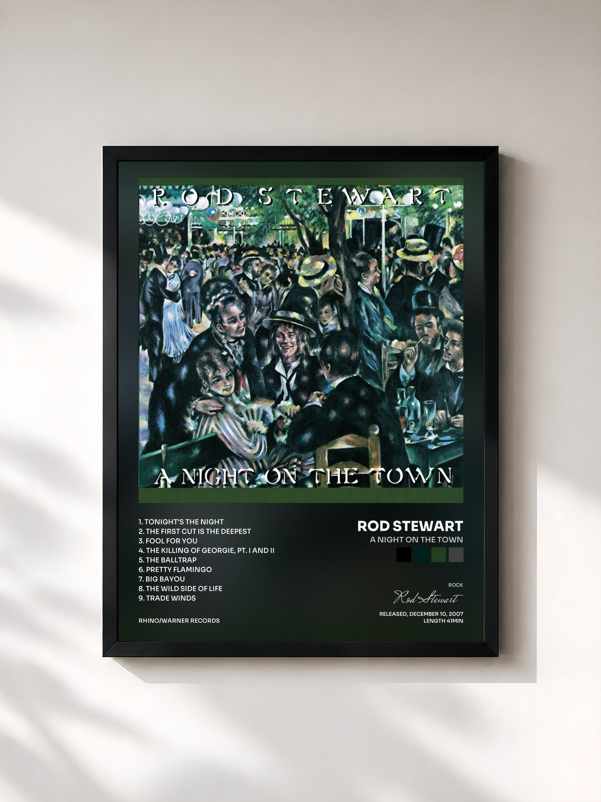 #noir Tableau de l'album A Night on the Town de Rod Stewart, cadre noir, imprimé et encadré en France