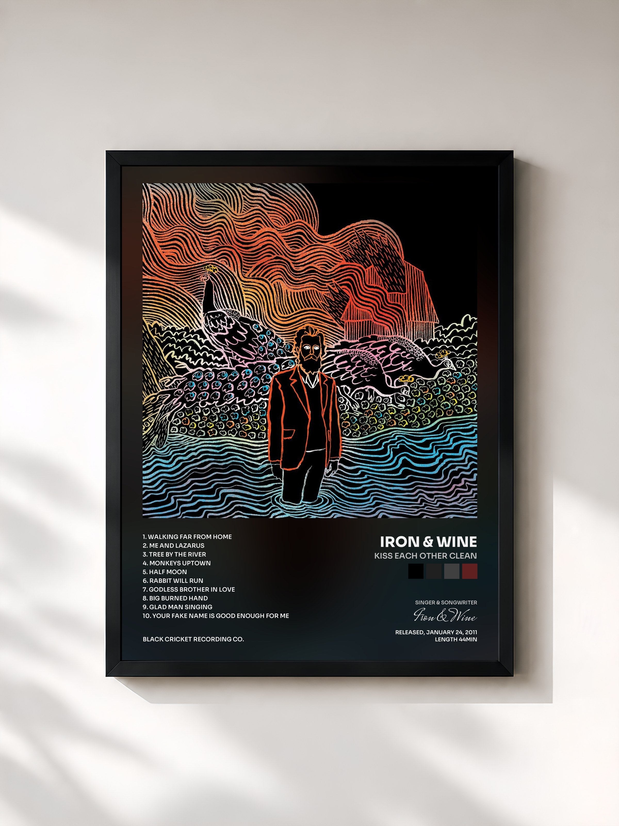#noir Tableau de l'album Kiss Each Other Clean de Iron & Wine, cadre noir, imprimé et encadré en France
