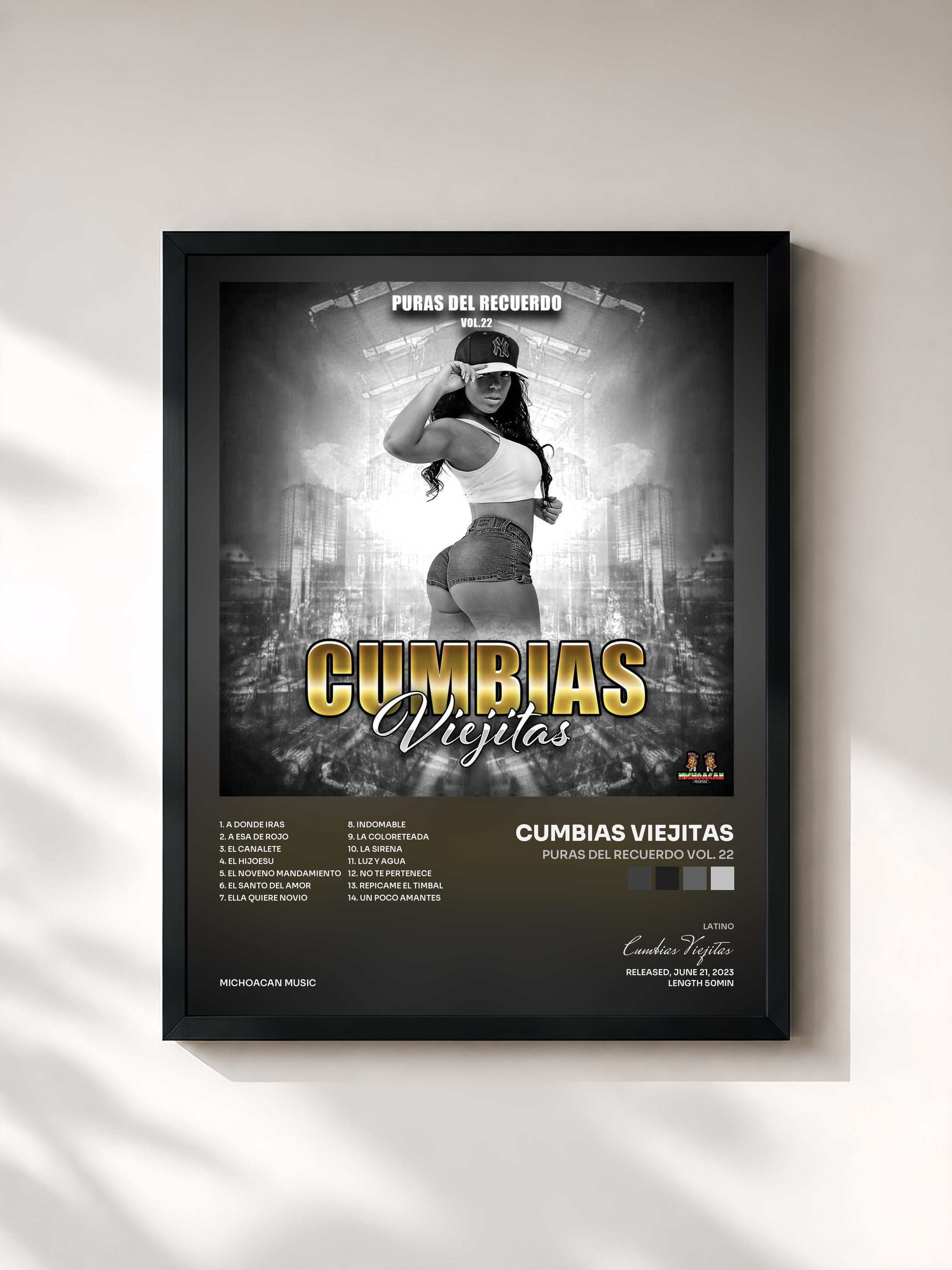 #noir Tableau de l'album Puras Del Recuerdo Vol. 22 de Cumbias Viejitas, cadre noir, imprimé et encadré en France