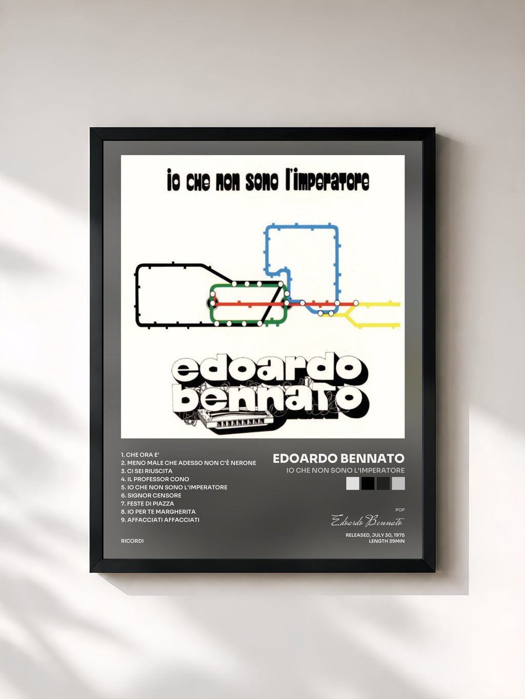 #noir Tableau de l'album Io Che Non Sono L'Imperatore de Edoardo Bennato, cadre noir, imprimé et encadré en France