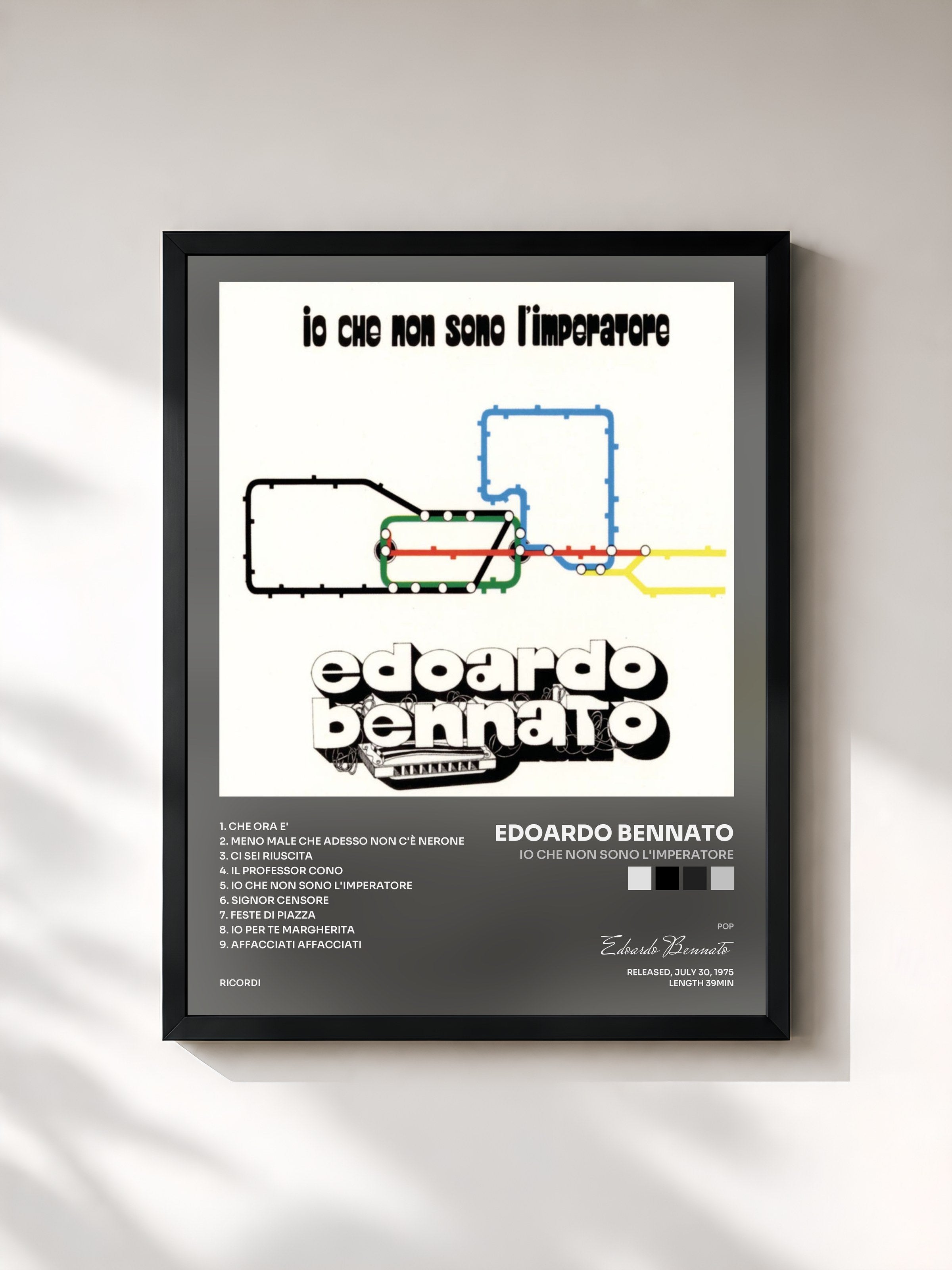 #noir Tableau de l'album Io Che Non Sono L'Imperatore de Edoardo Bennato, cadre noir, imprimé et encadré en France