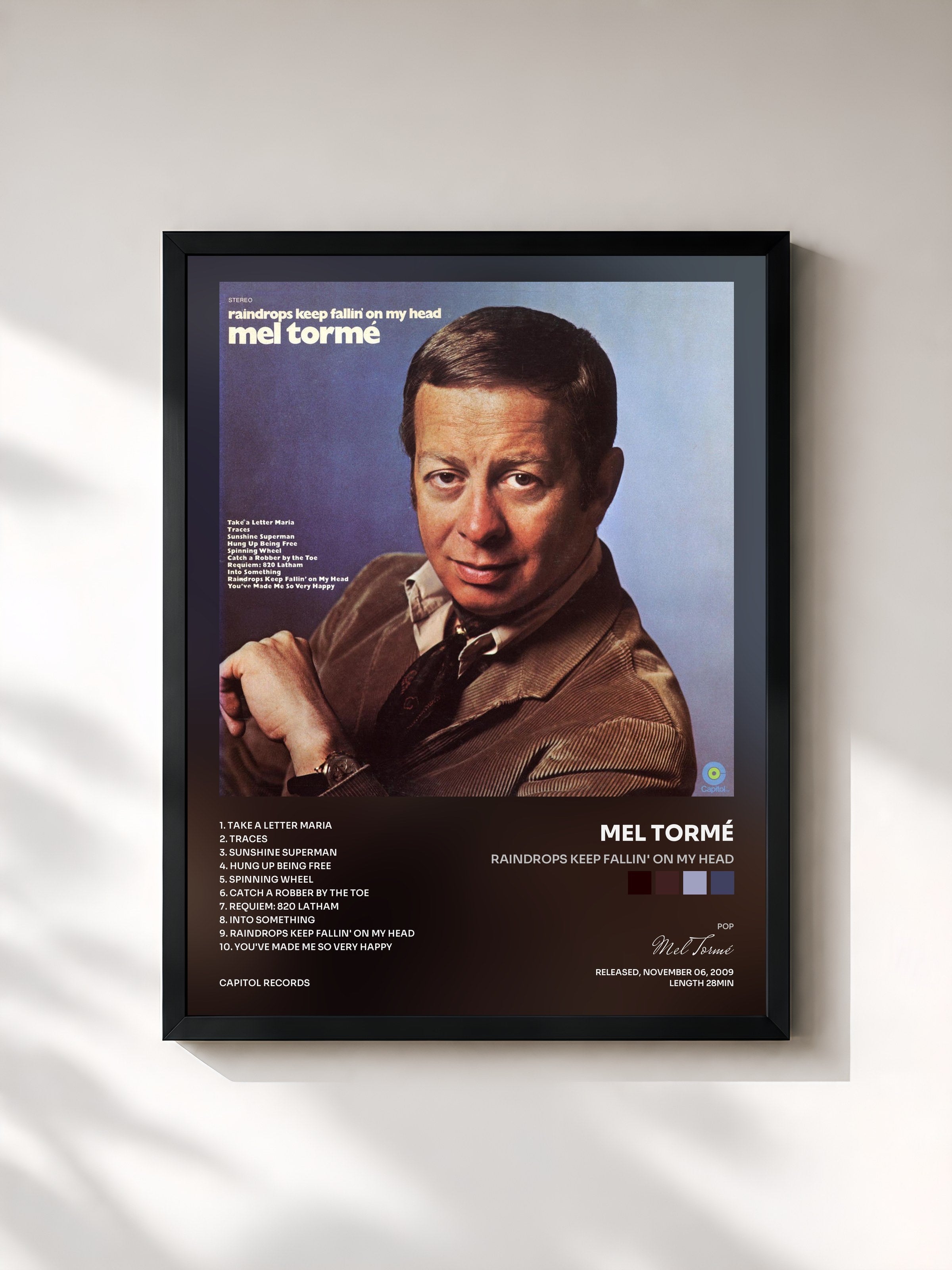 #noir Tableau de l'album Raindrops Keep Fallin' On My Head de Mel Tormé, cadre noir, imprimé et encadré en France