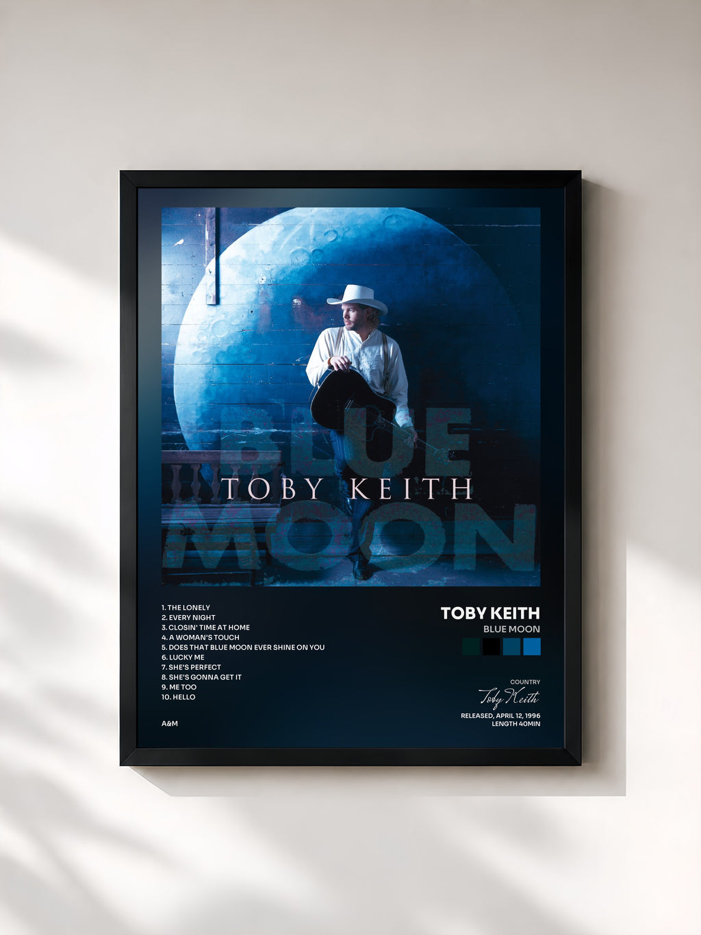 #noir Tableau de l'album Blue Moon de Toby Keith, cadre noir, imprimé et encadré en France