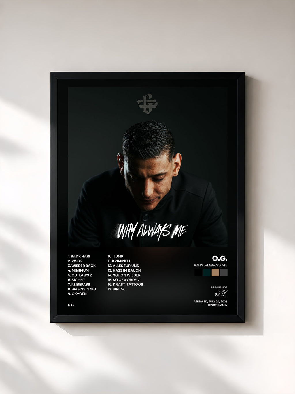 #noir Tableau de l'album WHY ALWAYS ME de O.G., cadre noir, imprimé et encadré en France