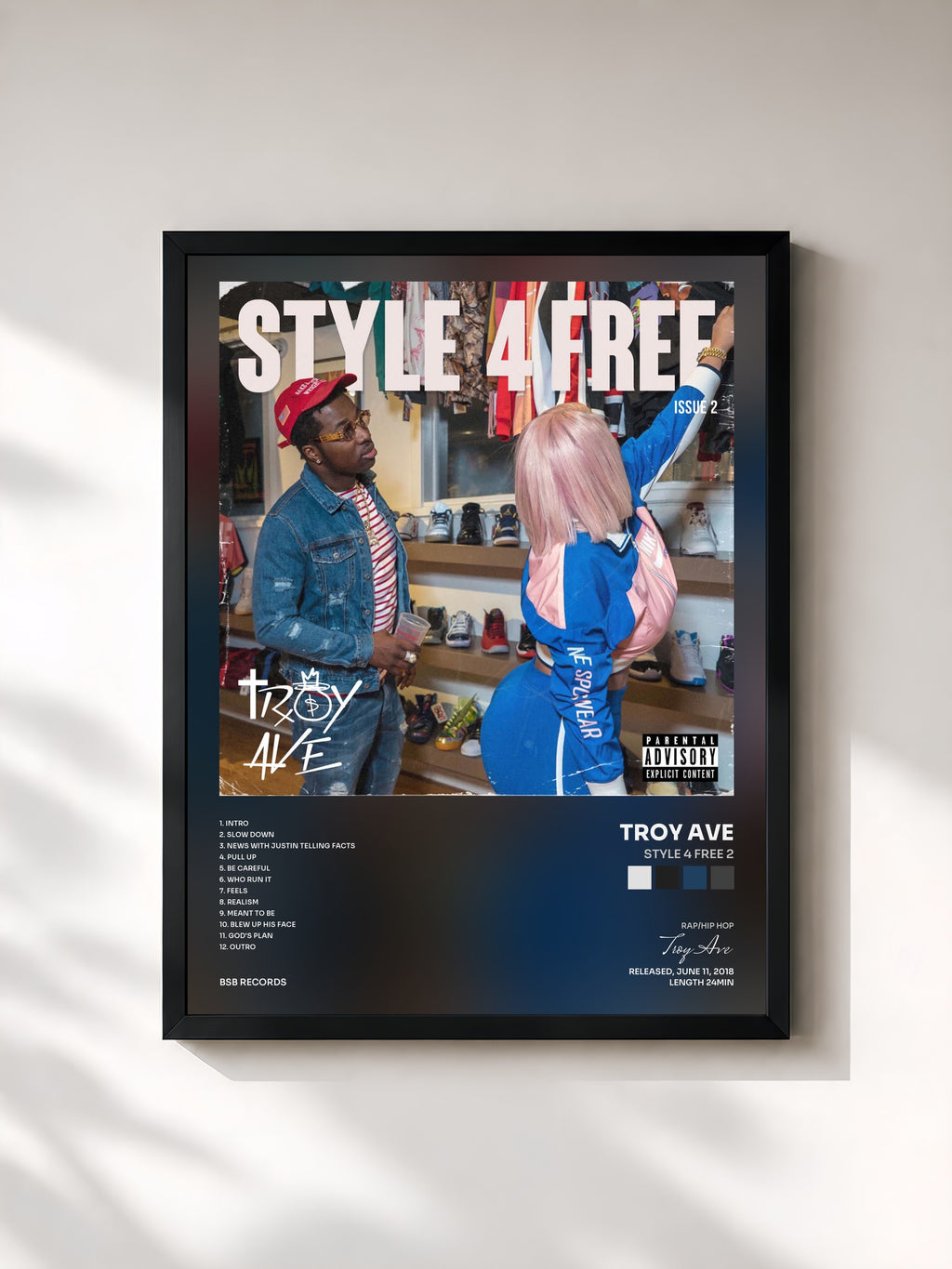 #noir Tableau de l'album Style 4 Free 2 de Troy Ave, cadre noir, imprimé et encadré en France