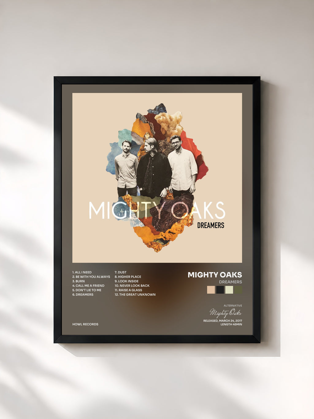 #noir Tableau de l'album Dreamers de Mighty Oaks, cadre noir, imprimé et encadré en France