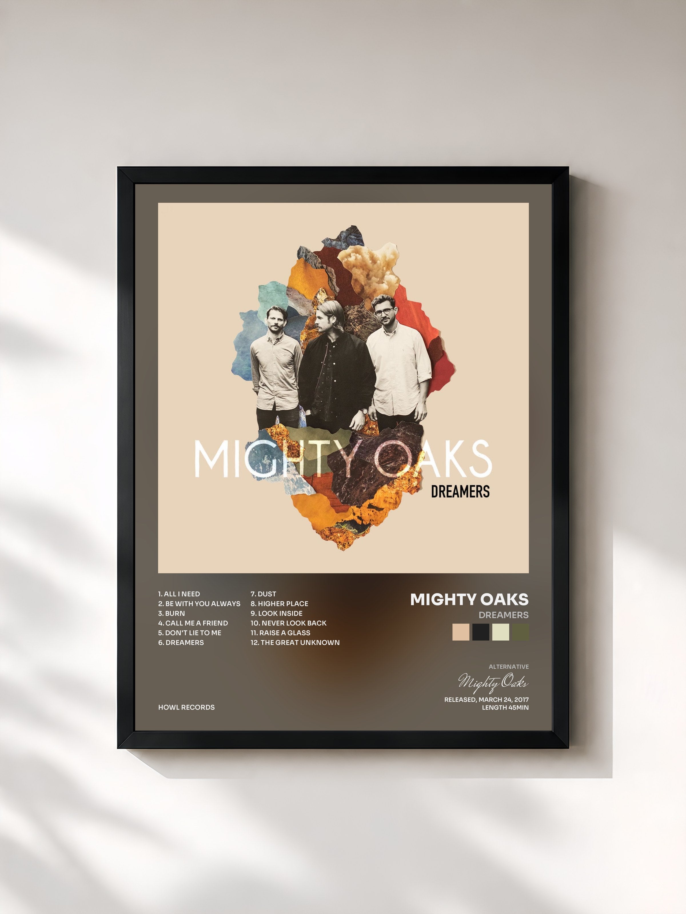 #noir Tableau de l'album Dreamers de Mighty Oaks, cadre noir, imprimé et encadré en France