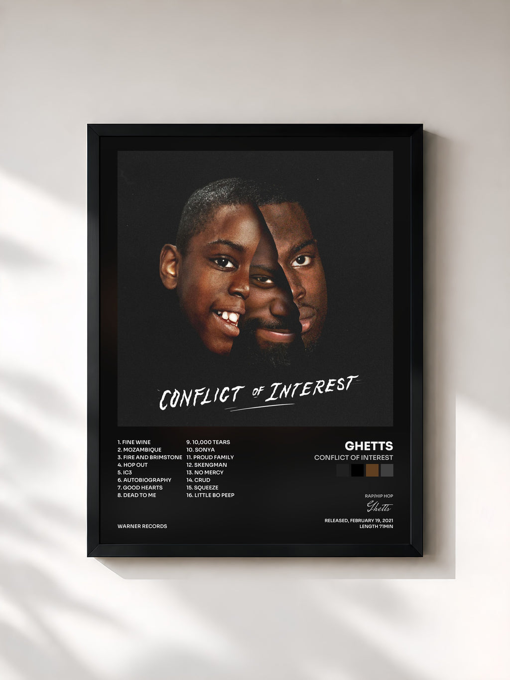 #noir Tableau de l'album Conflict Of Interest de Ghetts, cadre noir, imprimé et encadré en France