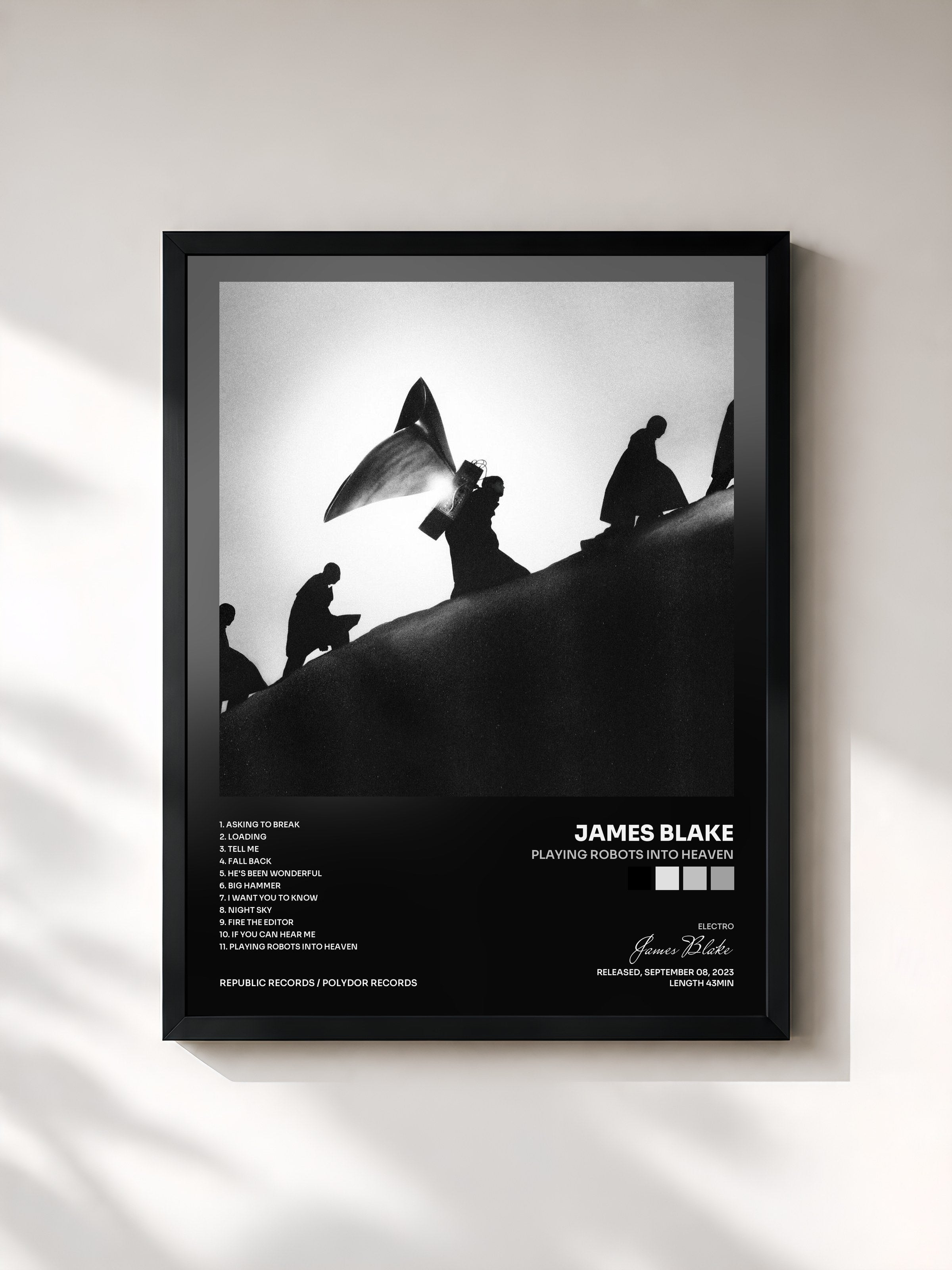 #noir Tableau de l'album Playing Robots Into Heaven de James Blake, cadre noir, imprimé et encadré en France