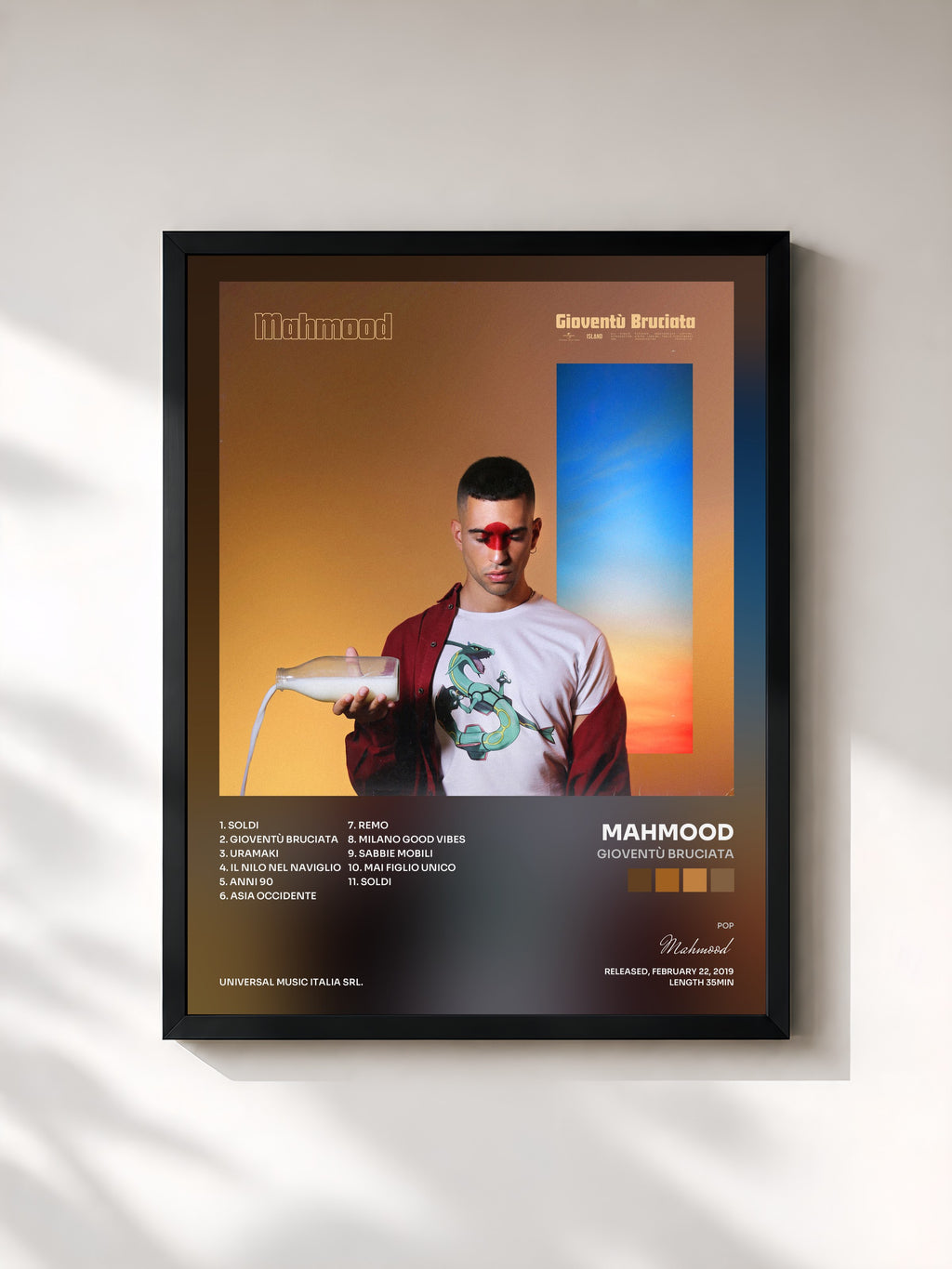 #noir Tableau de l'album Gioventù Bruciata de Mahmood, cadre noir, imprimé et encadré en France