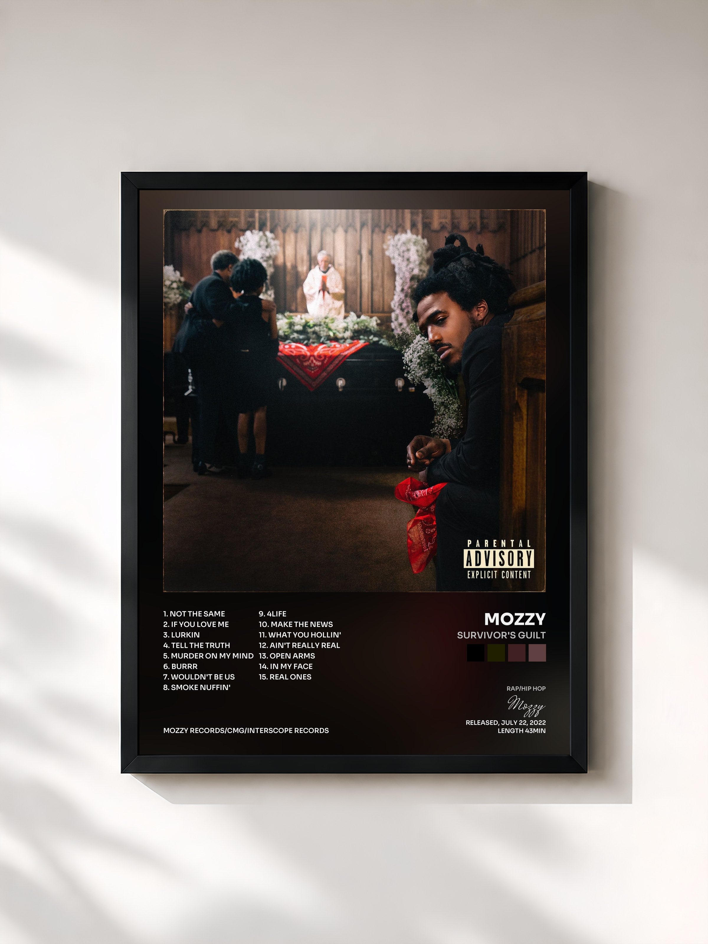 #noir Tableau de l'album Survivor's Guilt de Mozzy, cadre noir, imprimé et encadré en France