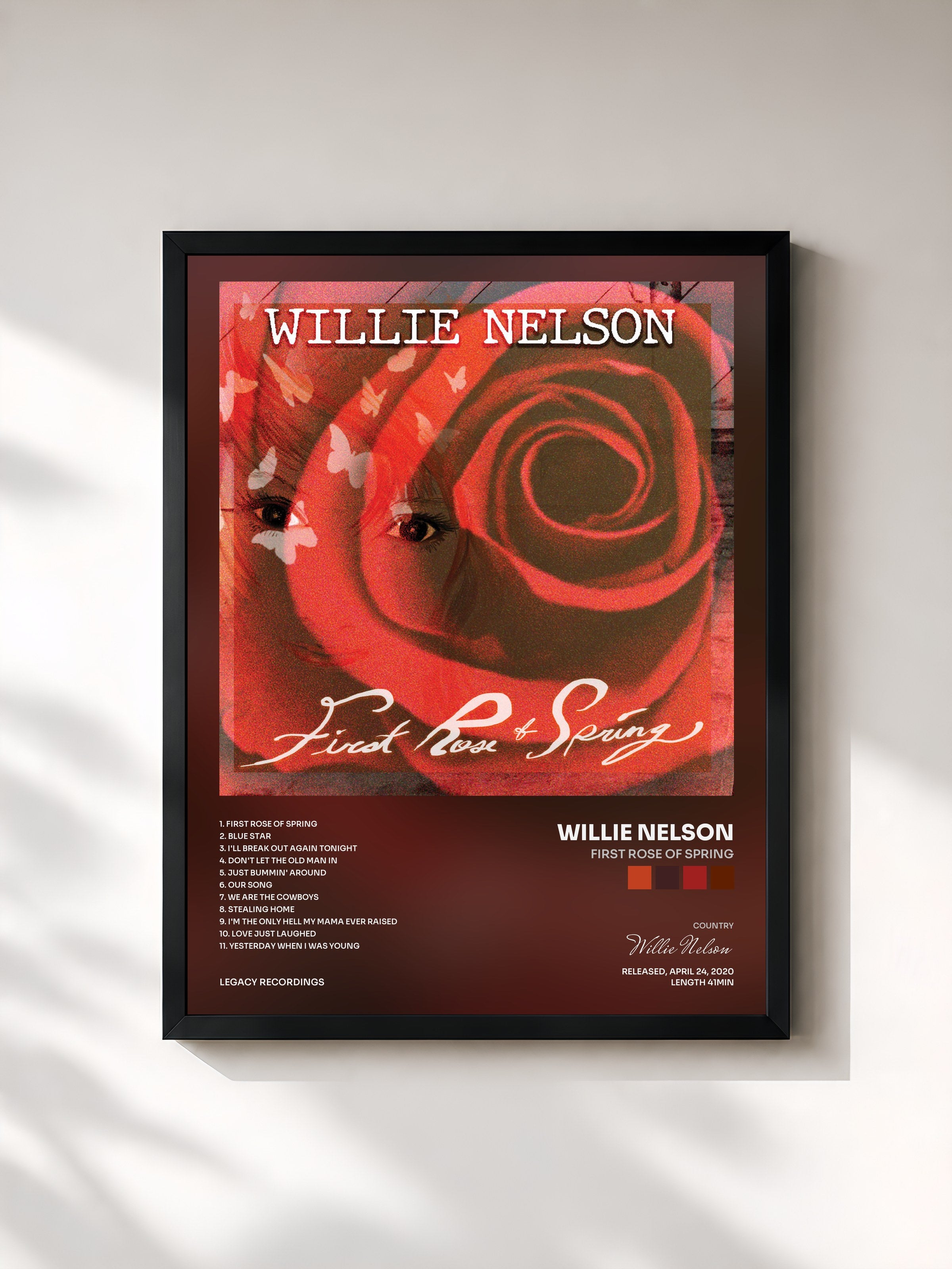 #noir Tableau de l'album First Rose of Spring de Willie Nelson, cadre noir, imprimé et encadré en France