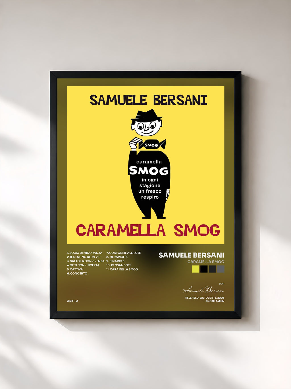 #noir Tableau de l'album Caramella Smog de Samuele Bersani, cadre noir, imprimé et encadré en France