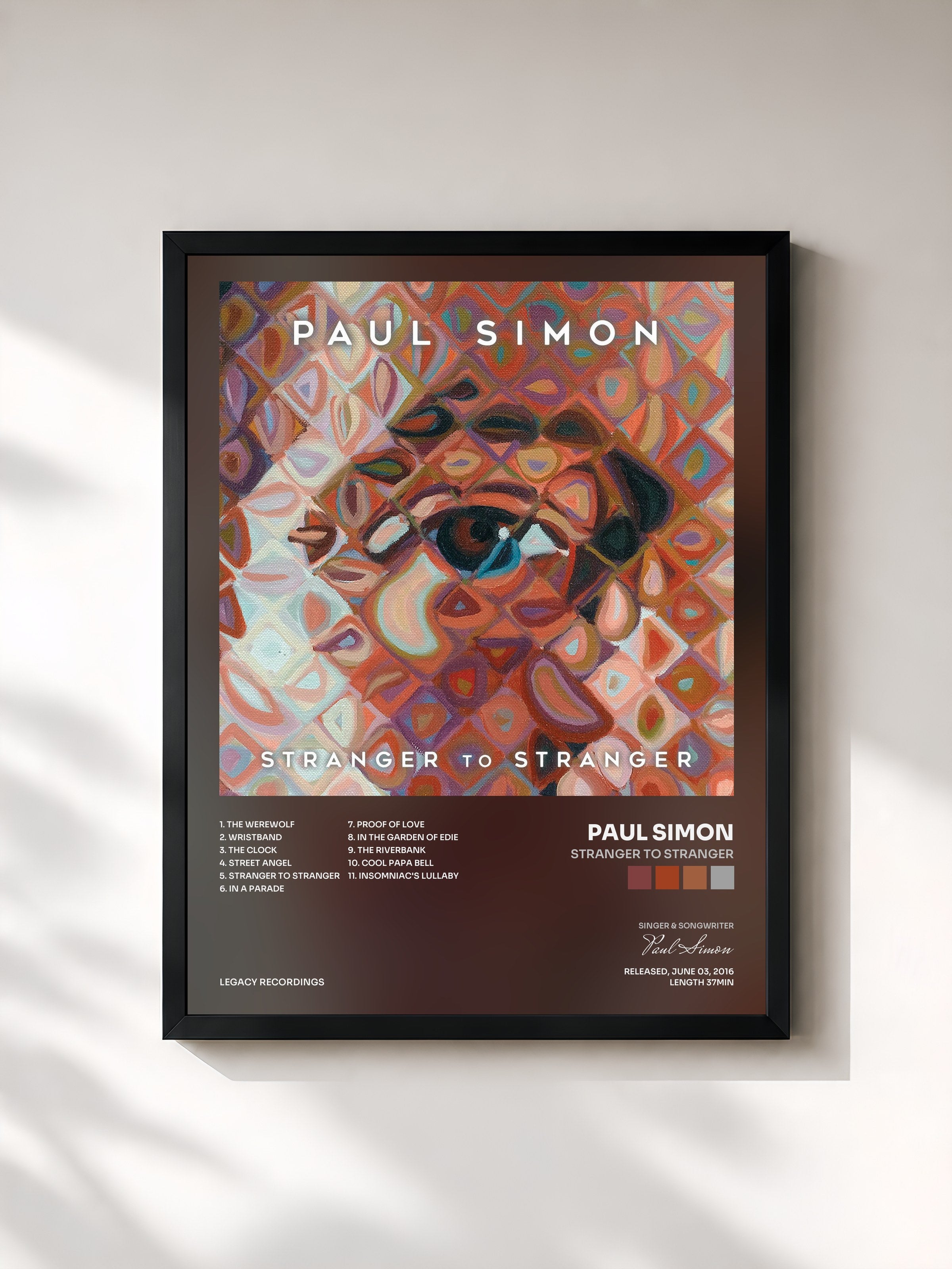 #noir Tableau de l'album Stranger To Stranger de Paul Simon, cadre noir, imprimé et encadré en France