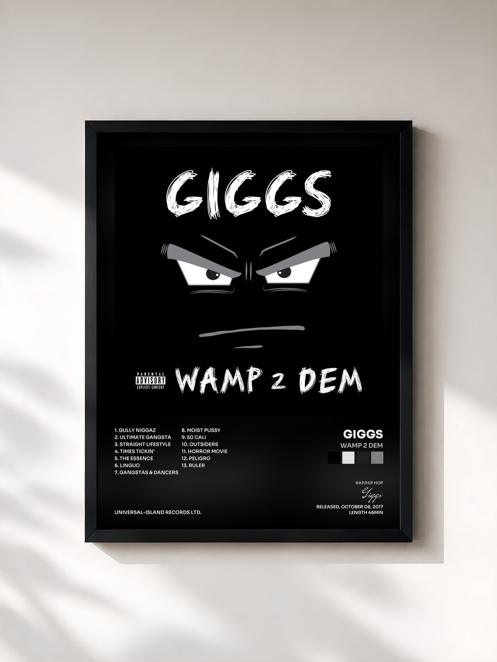 #noir Tableau de l'album Wamp 2 Dem de Giggs, cadre noir, imprimé et encadré en France