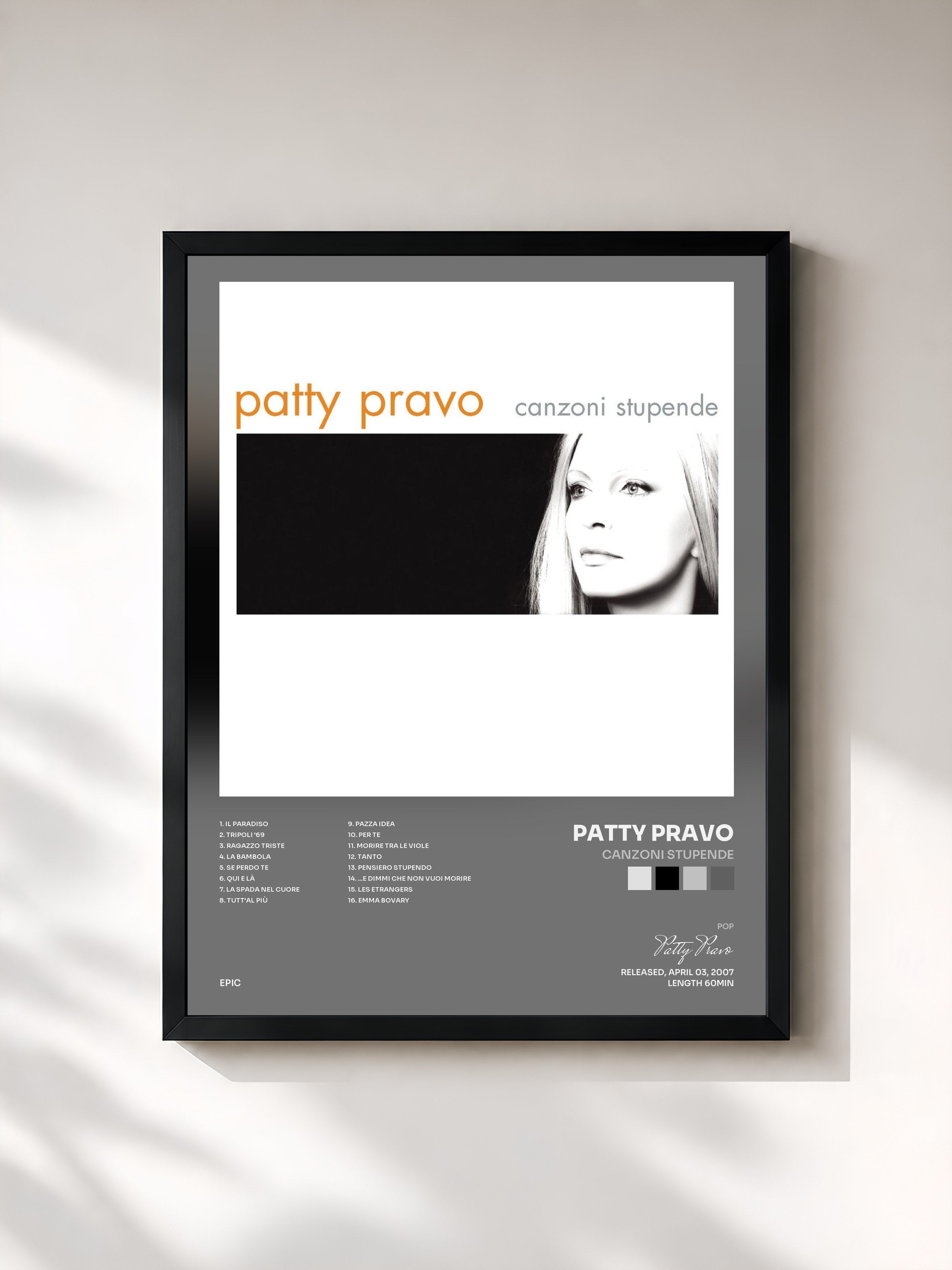 #noir Tableau de l'album Canzoni Stupende de Patty Pravo, cadre noir, imprimé et encadré en France