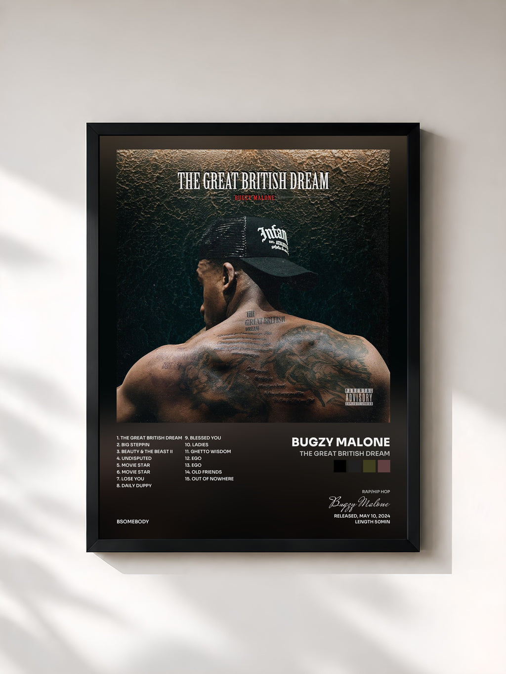 #noir Tableau de l'album The Great British Dream de Bugzy Malone, cadre noir, imprimé et encadré en France