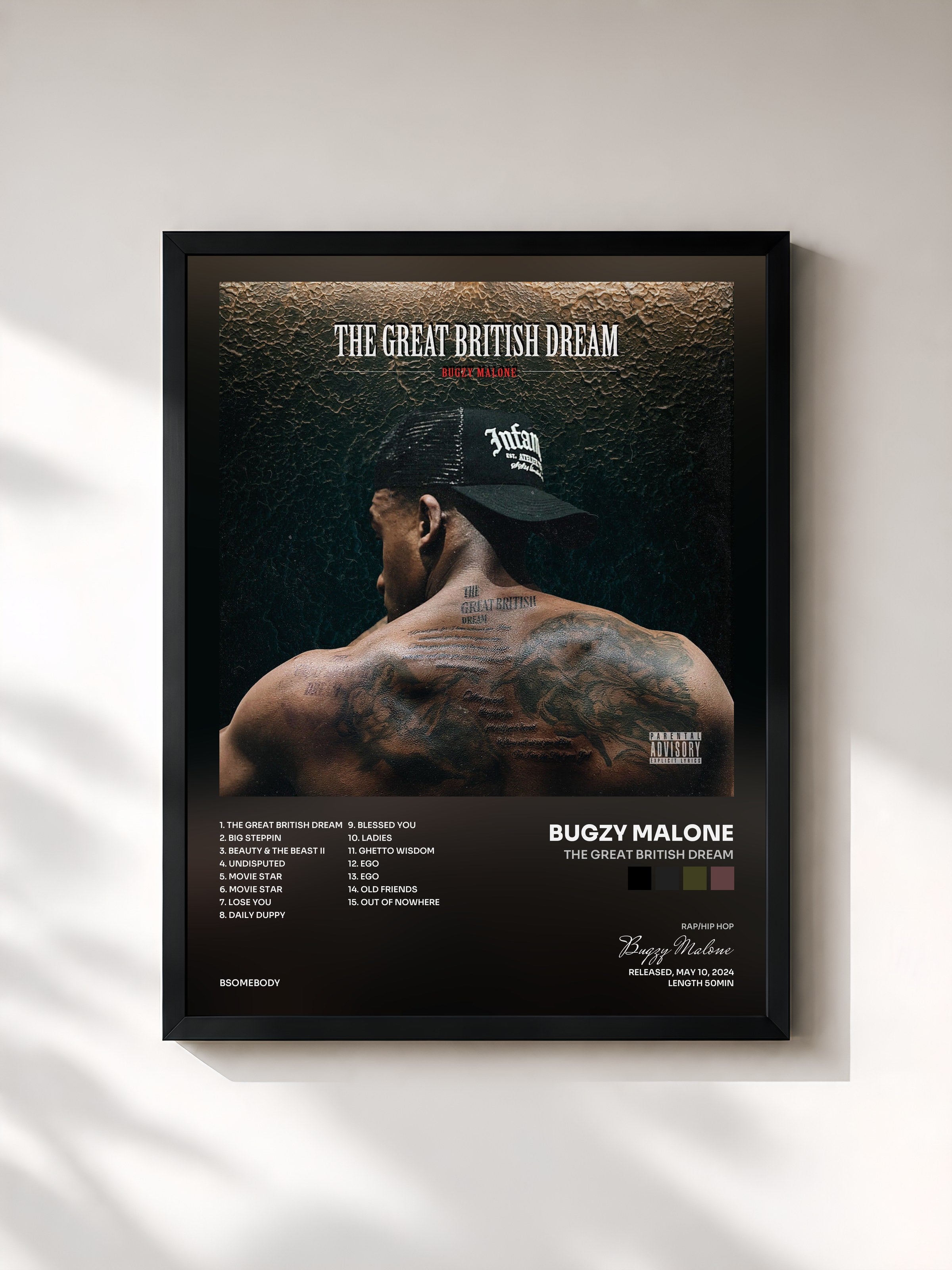 #noir Tableau de l'album The Great British Dream de Bugzy Malone, cadre noir, imprimé et encadré en France