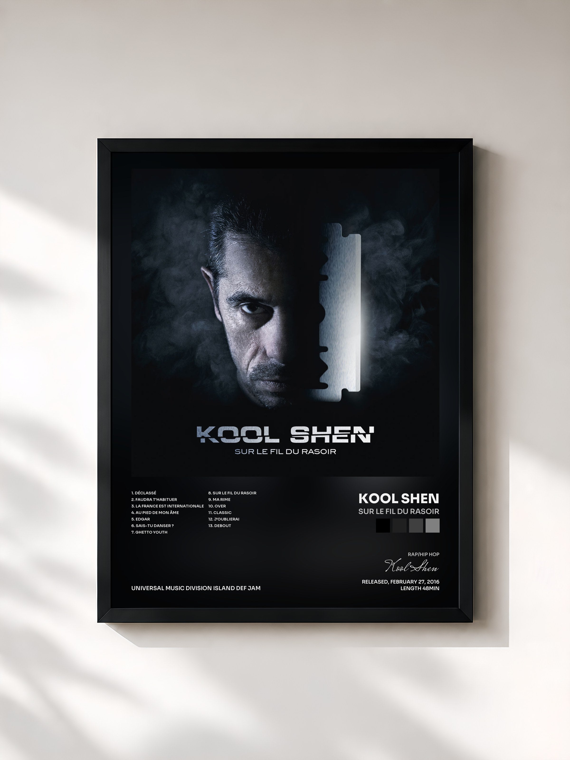 #noir Tableau de l'album Sur le fil du rasoir de Kool Shen, cadre noir, imprimé et encadré en France