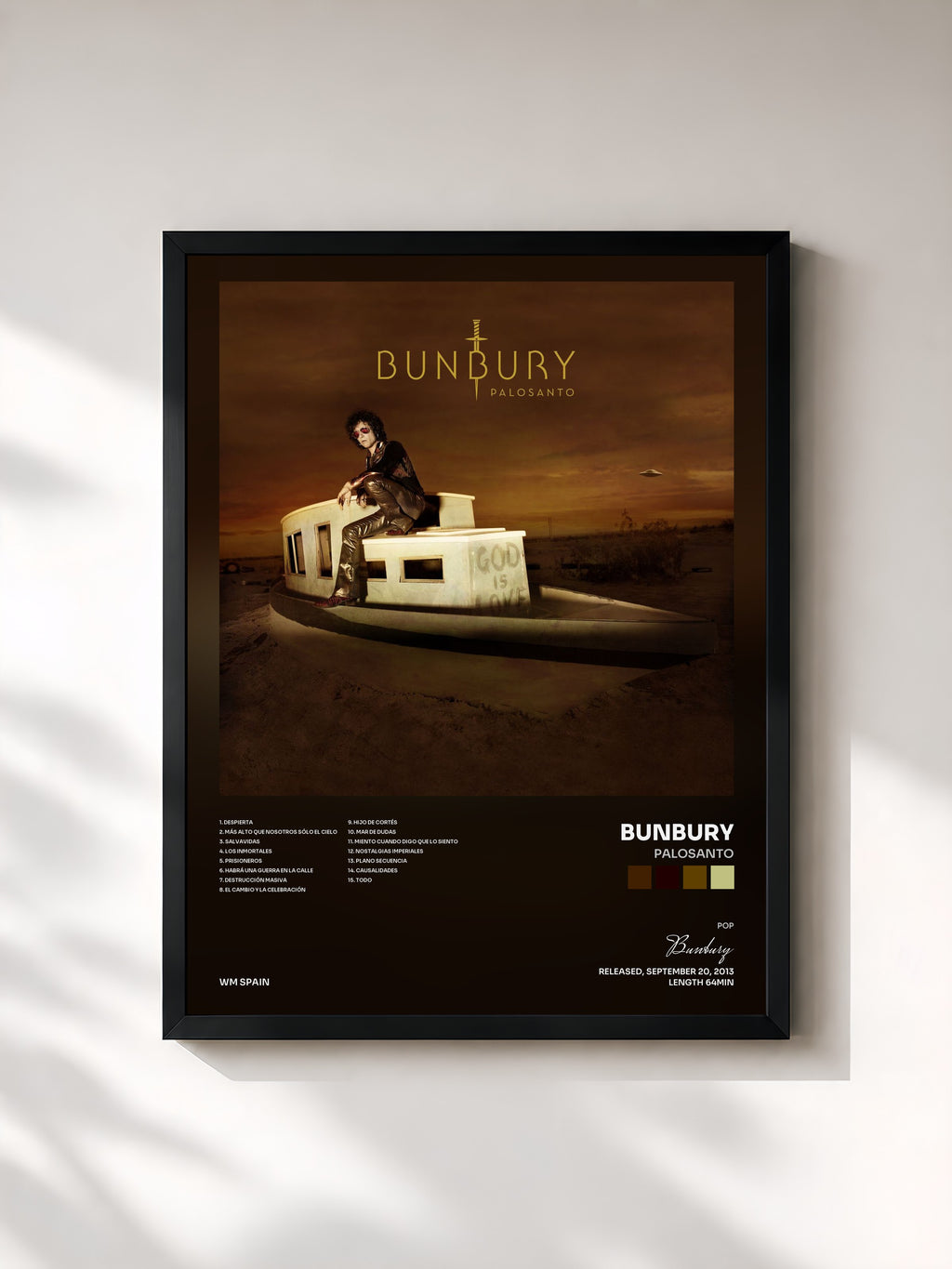 #noir Tableau de l'album Palosanto de Bunbury, cadre noir, imprimé et encadré en France