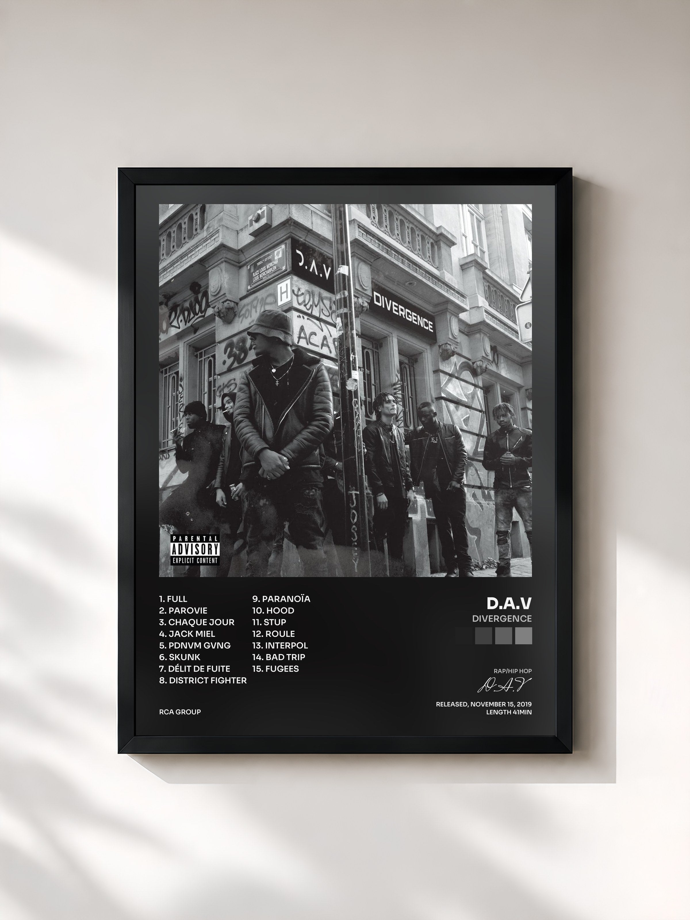 #noir Tableau de l'album Divergence de D.A.V, cadre noir, imprimé et encadré en France
