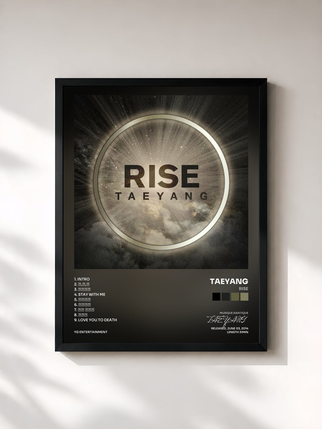 #noir Tableau de l'album RISE de TAEYANG, cadre noir, imprimé et encadré en France