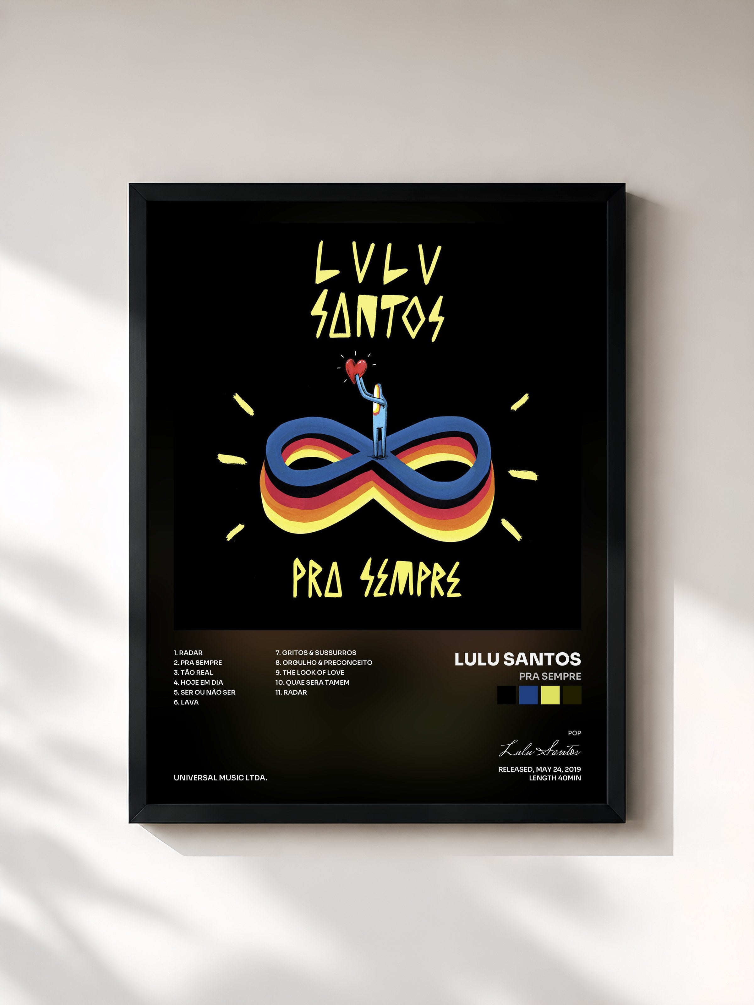 #noir Tableau de l'album Pra Sempre de Lulu Santos, cadre noir, imprimé et encadré en France