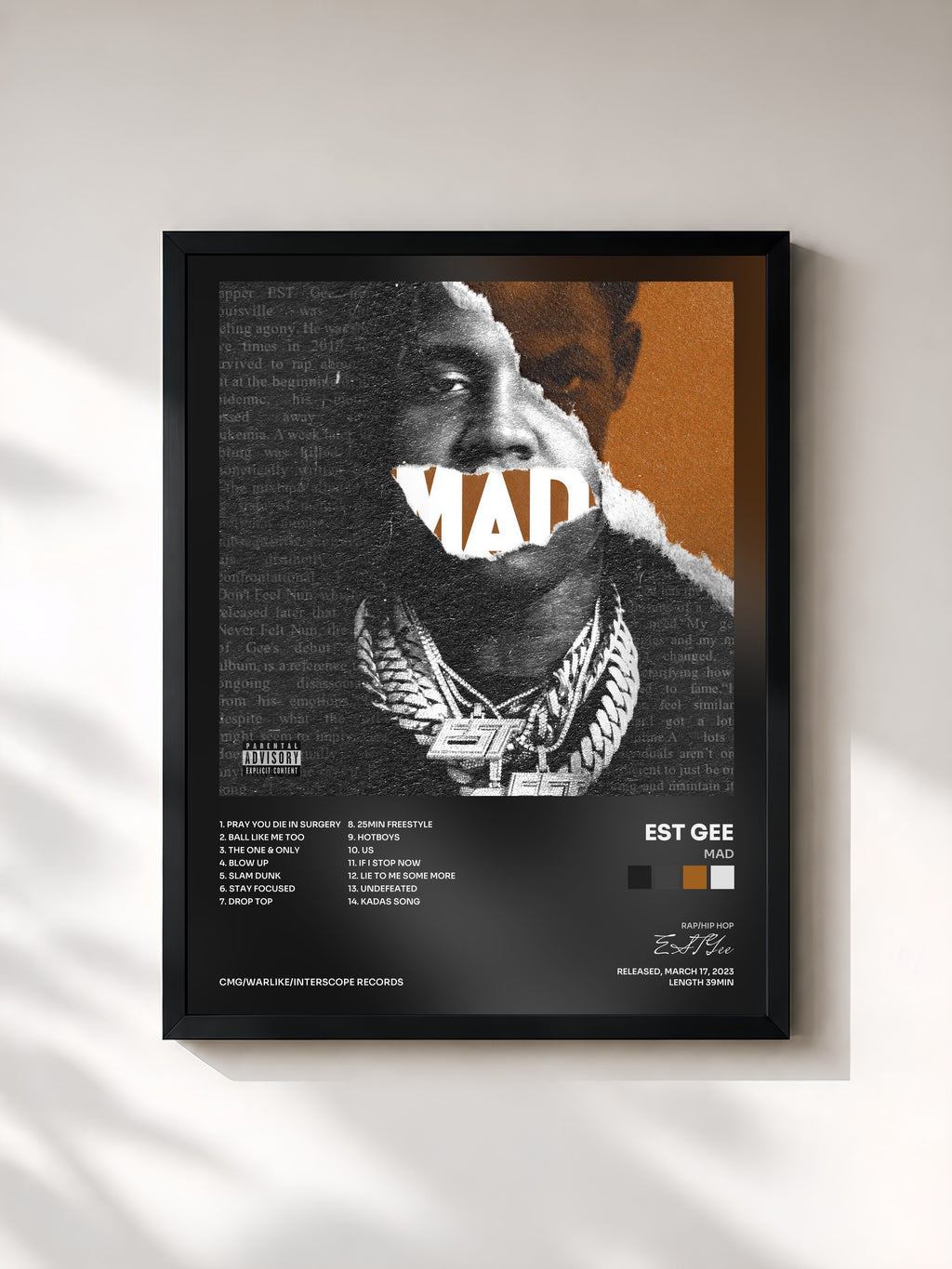 #noir Tableau de l'album MAD de EST Gee, cadre noir, imprimé et encadré en France